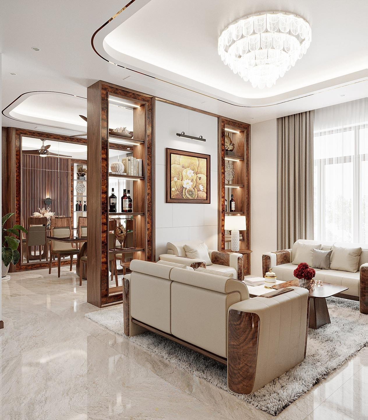 thiết kế vách ngăn phòng gỗ óc chó hiện đại