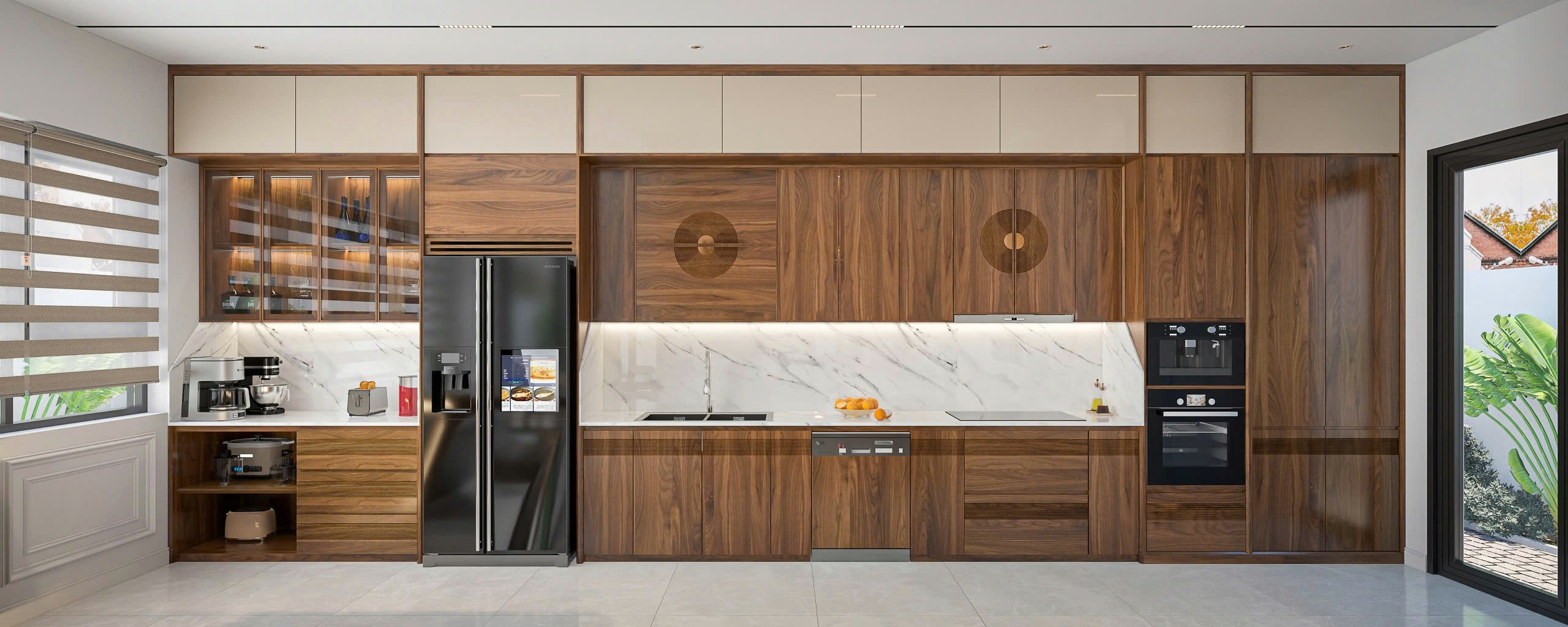 tủ bếp chữ I gỗ óc chó hiện đại