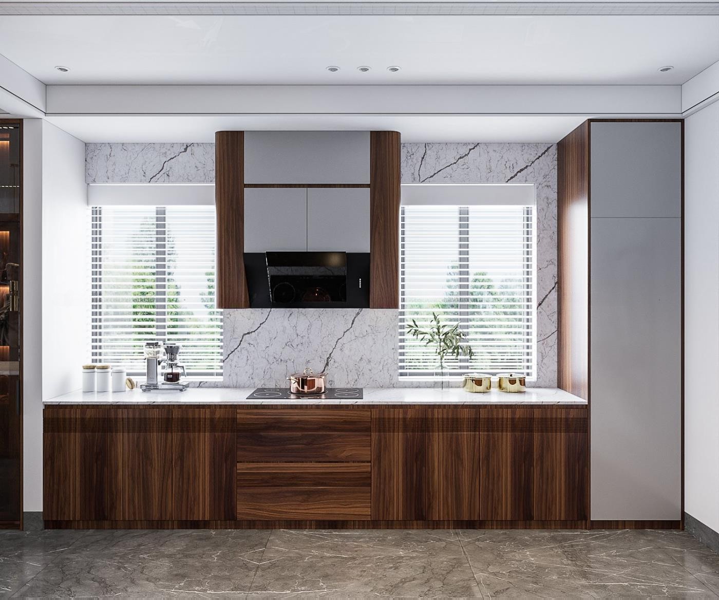 tủ bếp chữ L gỗ óc chó hiện đại