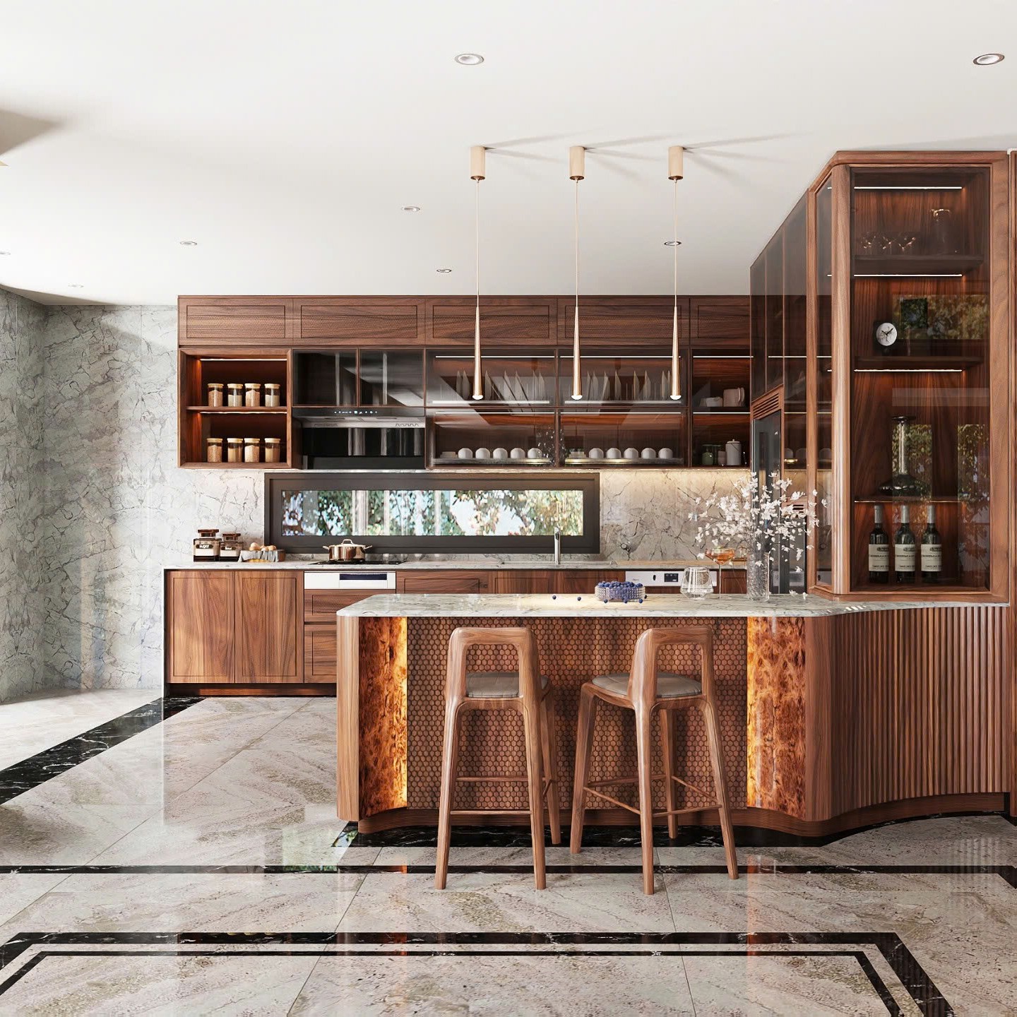 tủ bếp gỗ óc chó cao cấp hiện đại