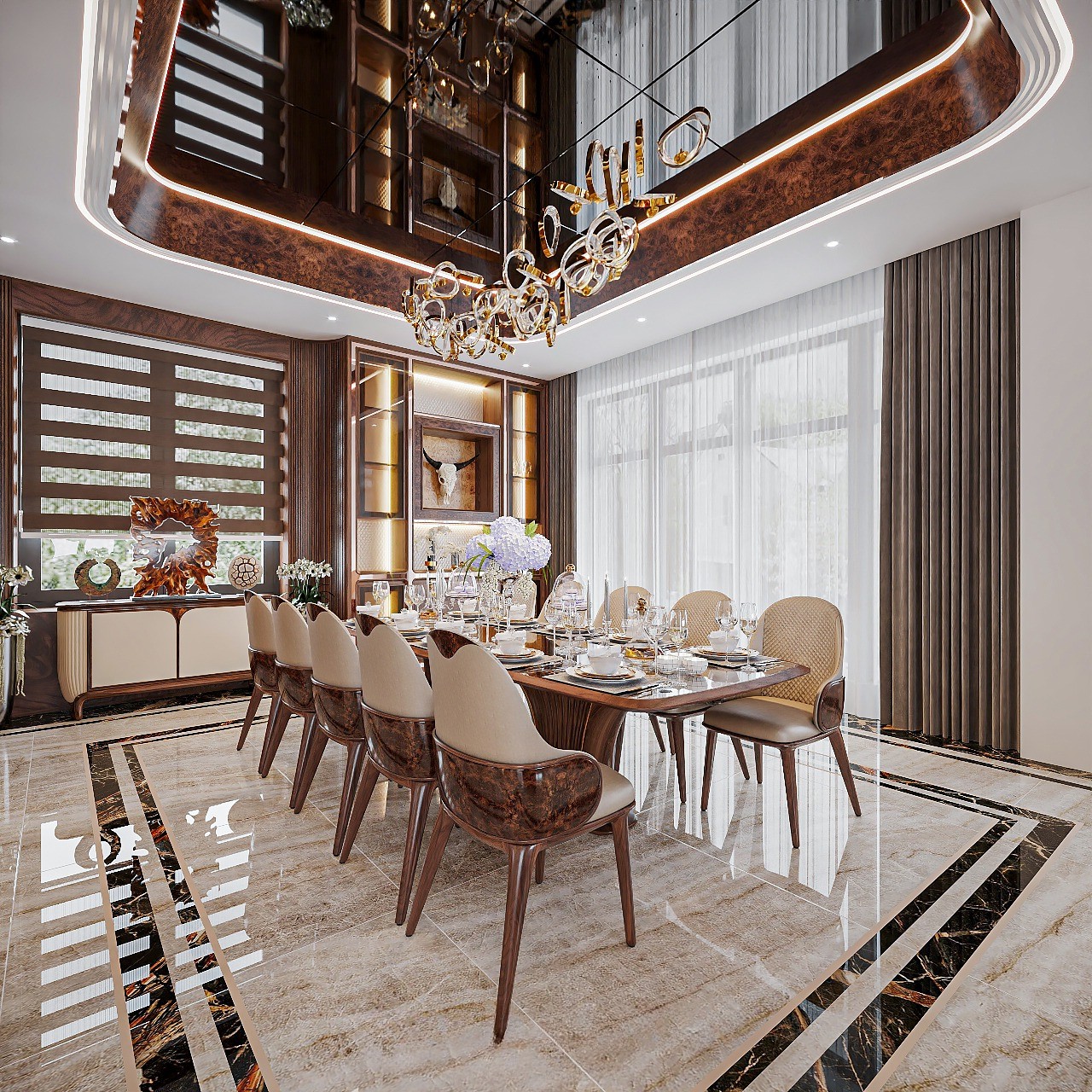 Bàn ăn 10 ghế gỗ óc chó hiện đại mặt kính chân cánh quạt