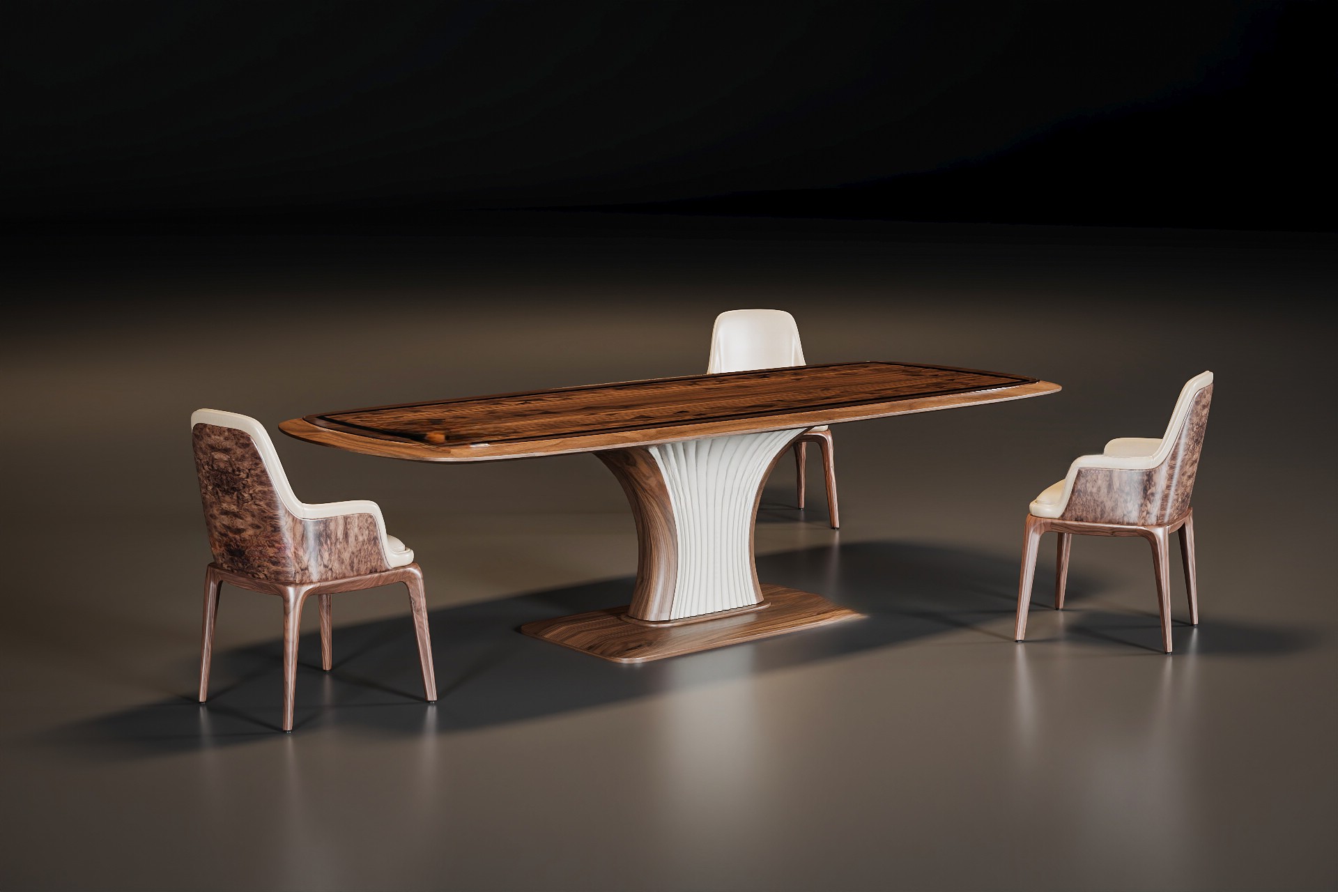 Bàn ăn cao cấp bằng gỗ óc chó thiết kế chân cánh quạt ốp da PU