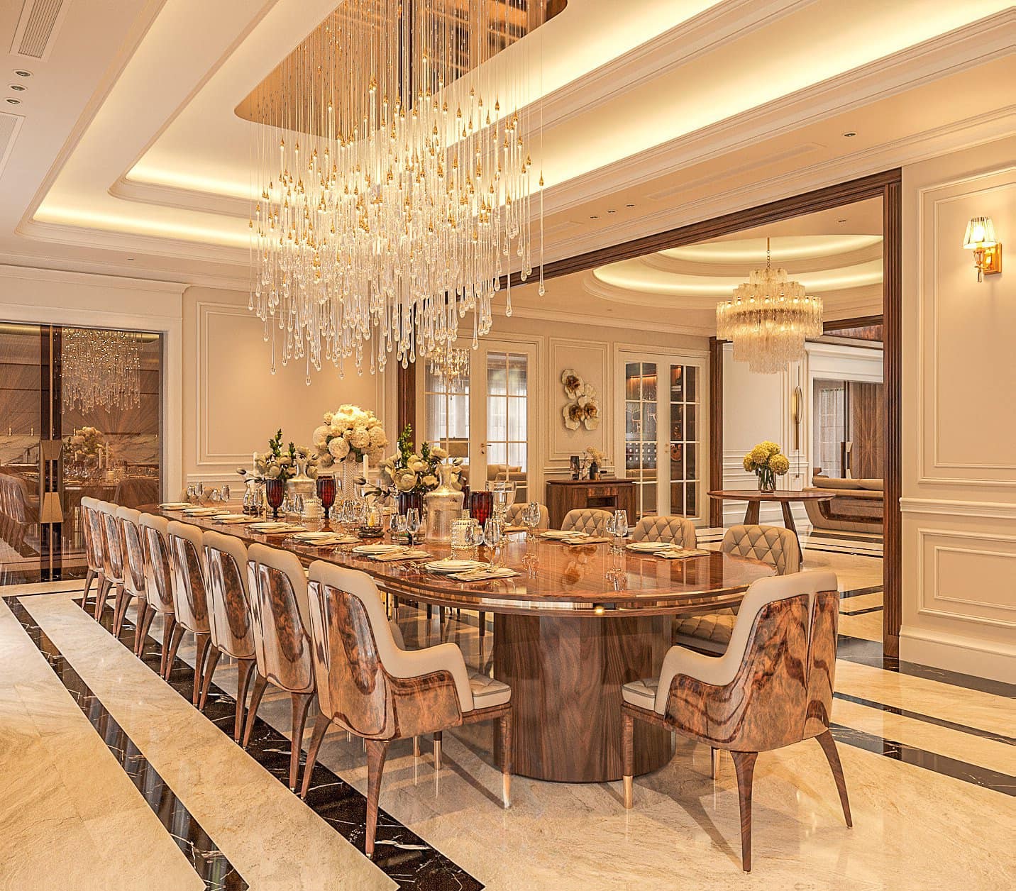 Bàn ăn cao cấp gỗ óc chó mặt oval ốp kính nẹp kim loại mạ vàng