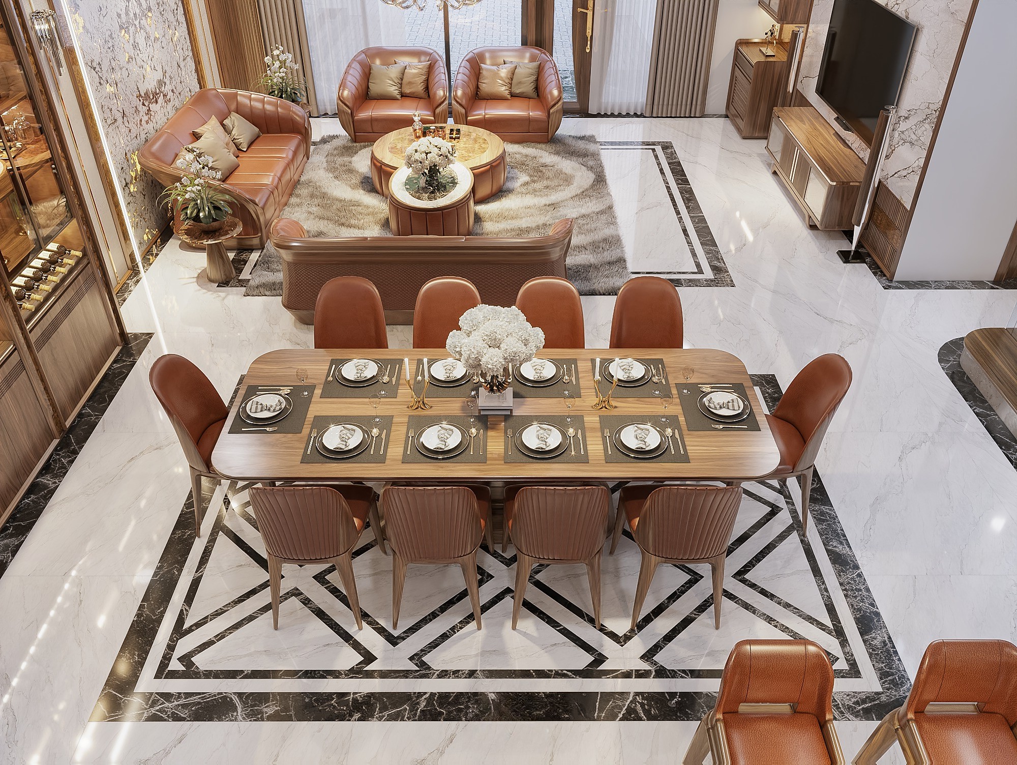 Bàn ăn cơm gỗ óc chó thiết kế chữ nhật bo tròn hiện đại