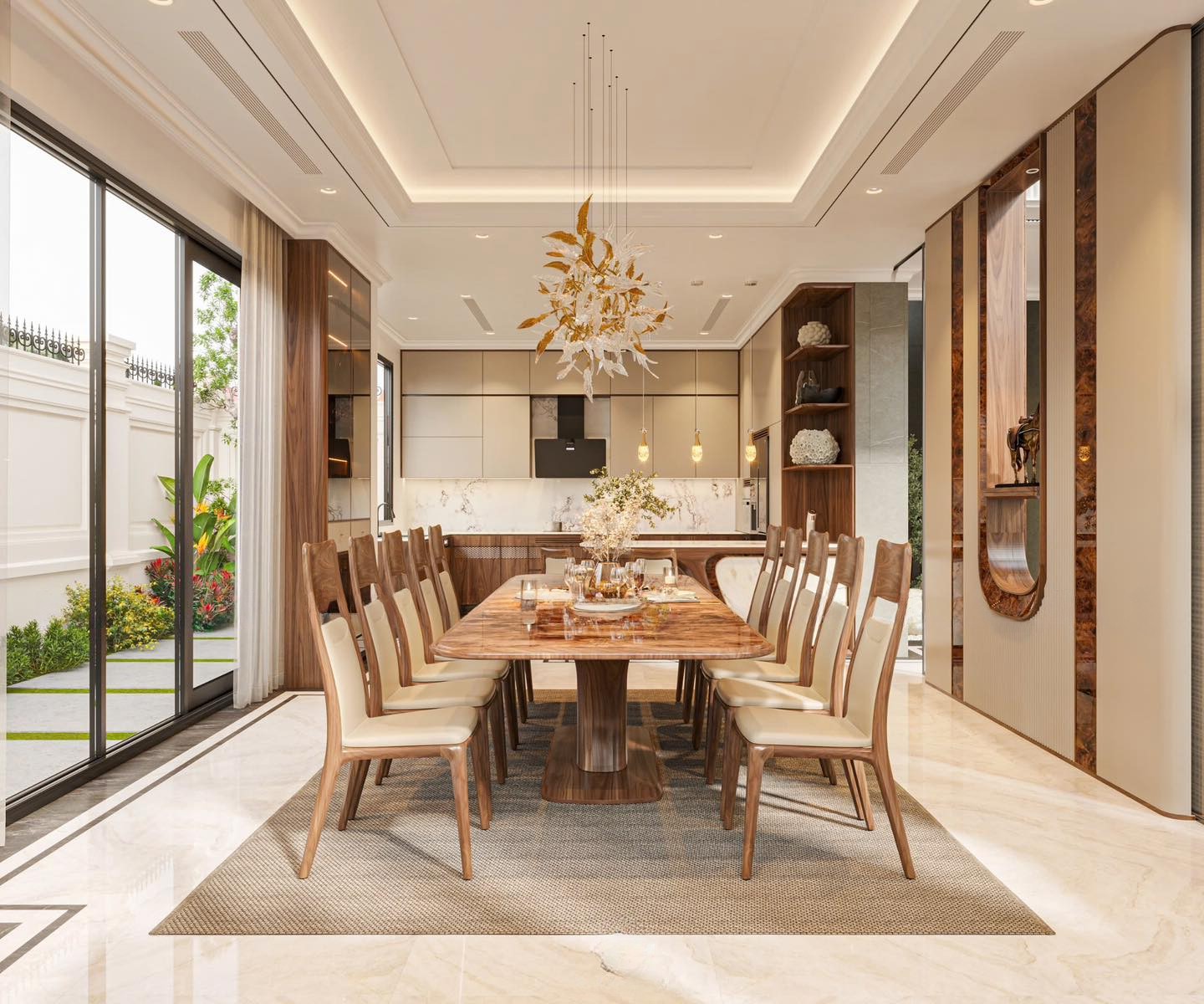 Bàn ăn gia đình bằng gỗ óc chó mặt đá ceramic chân gỗ nguyên khối