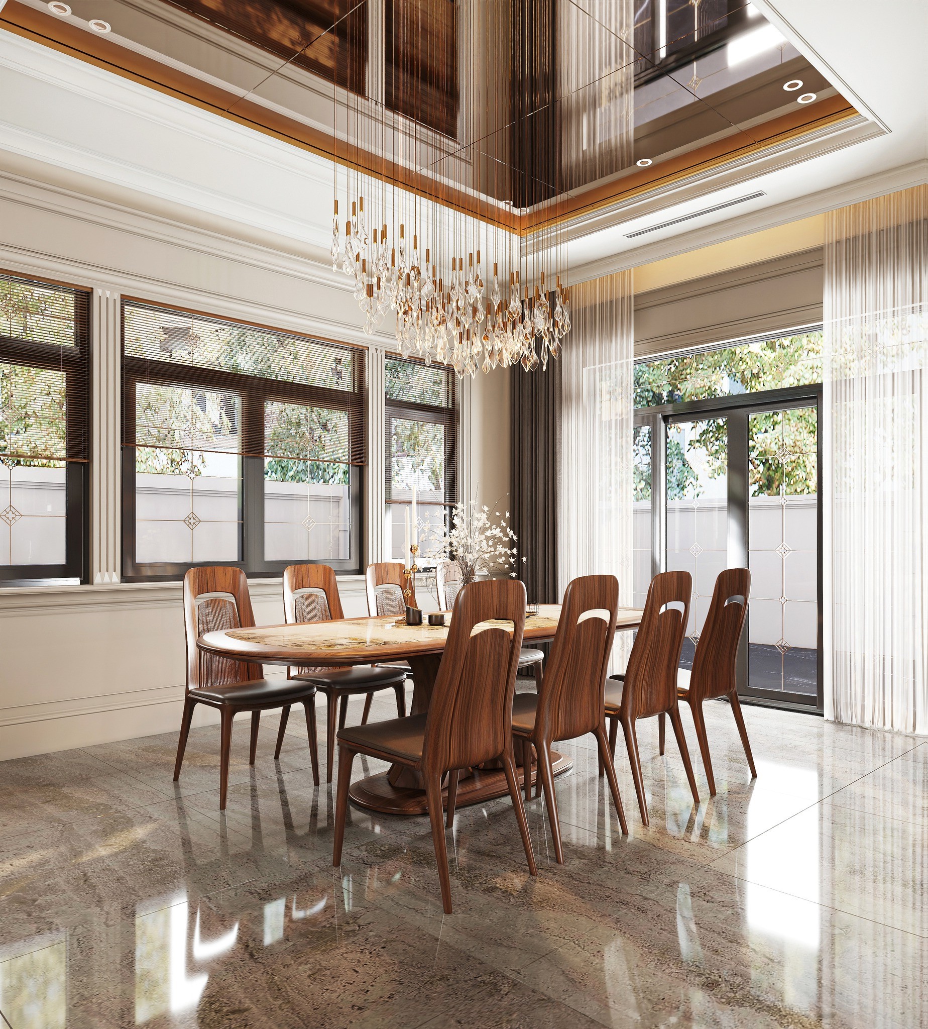 Bàn ăn gia đình gỗ óc chó mặt đá marble oval chân chữ X