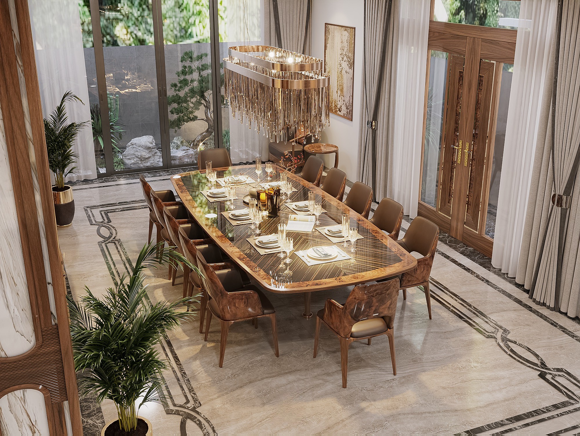 bàn ăn gỗ óc chó 10 ghế mặt kính veneer xương cá ghế bọc da nâu socola