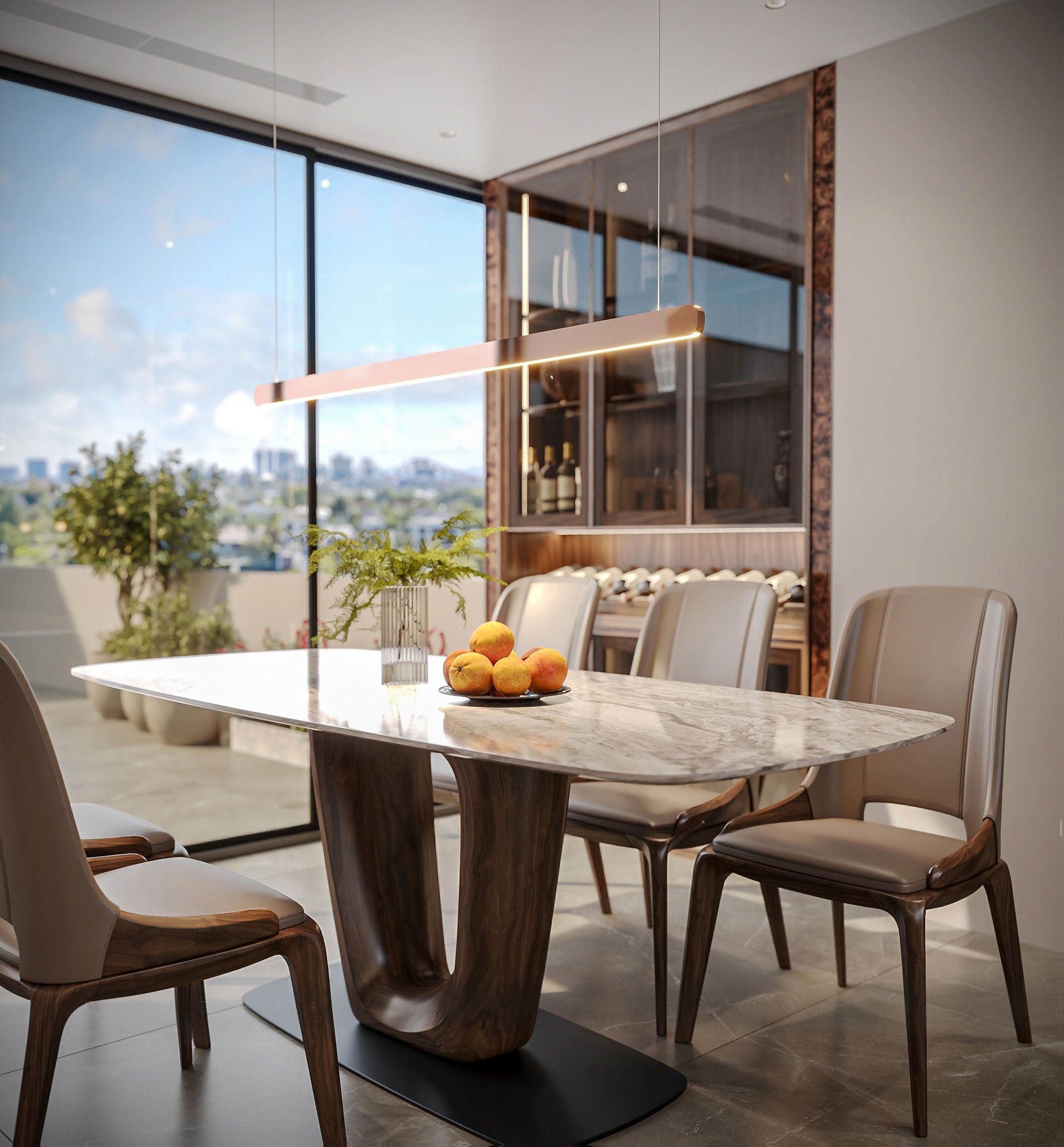 bàn ăn gỗ óc chó 6 ghế mặt đá marble chân chữ U ghế bọc da be