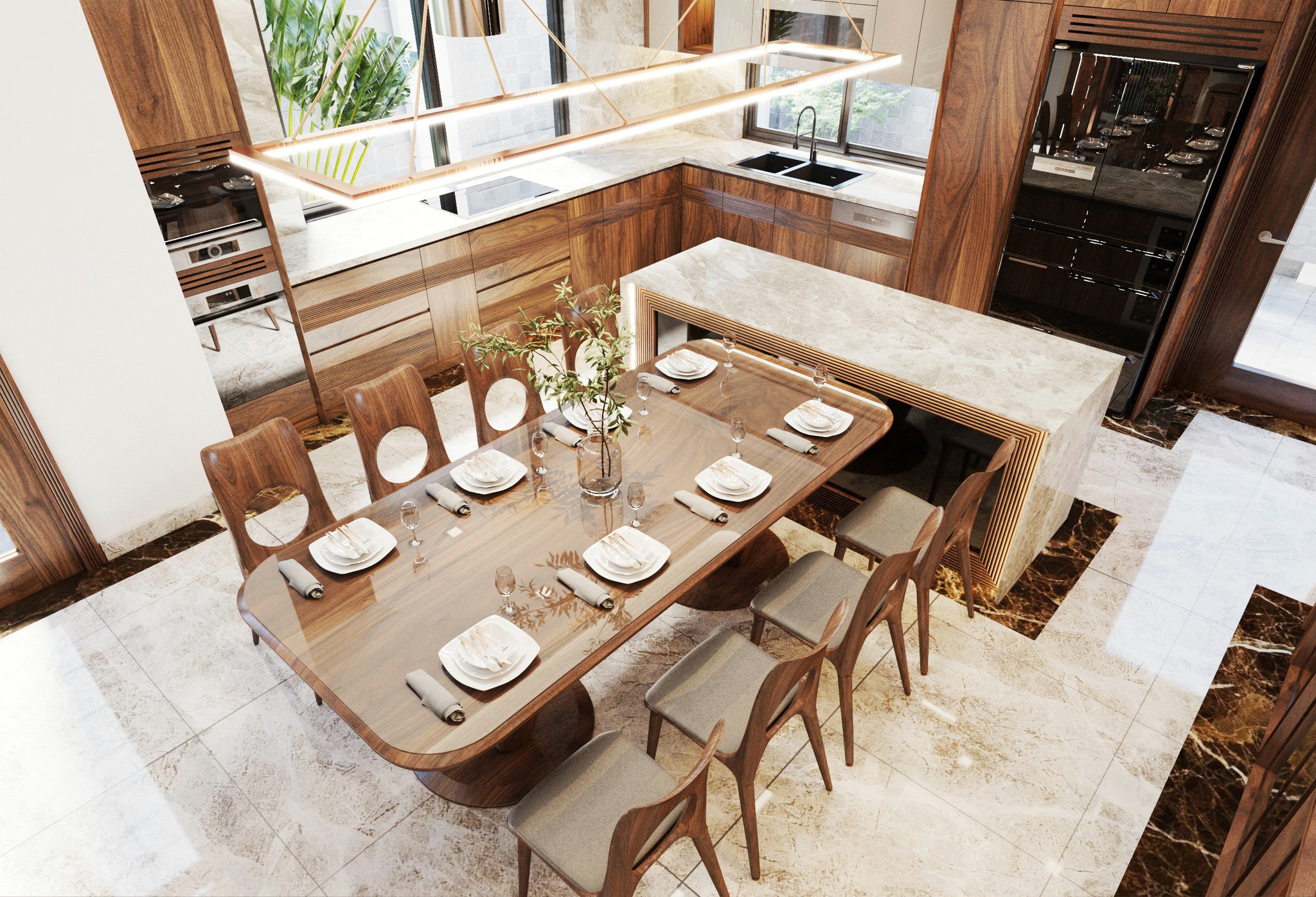 Bàn ăn gỗ óc chó cho căn hộ chung cư mặt kính chân trụ tròn