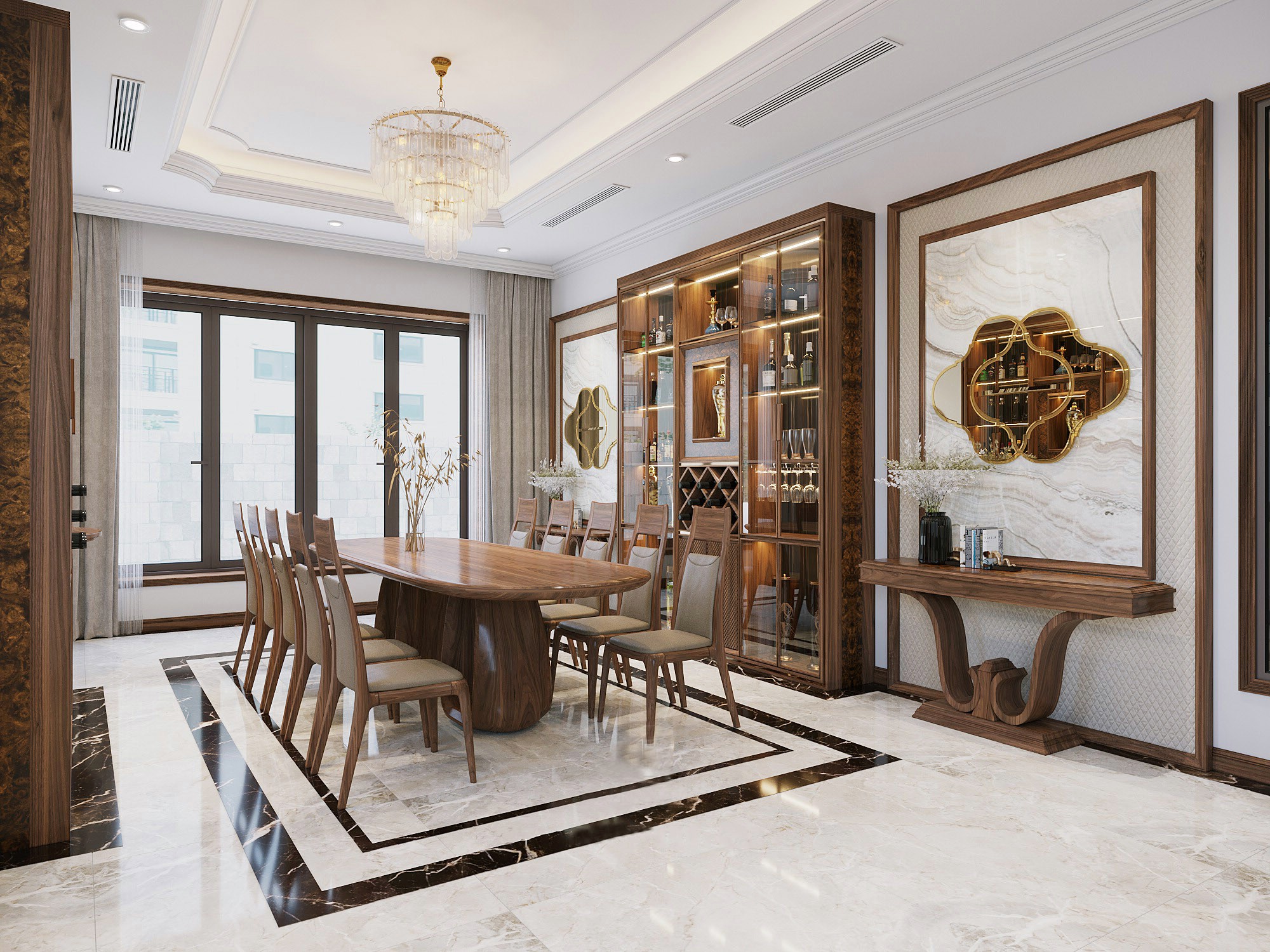 Bàn ăn gỗ óc chó cho nhà chung cư mặt oval chân gỗ nguyên khối