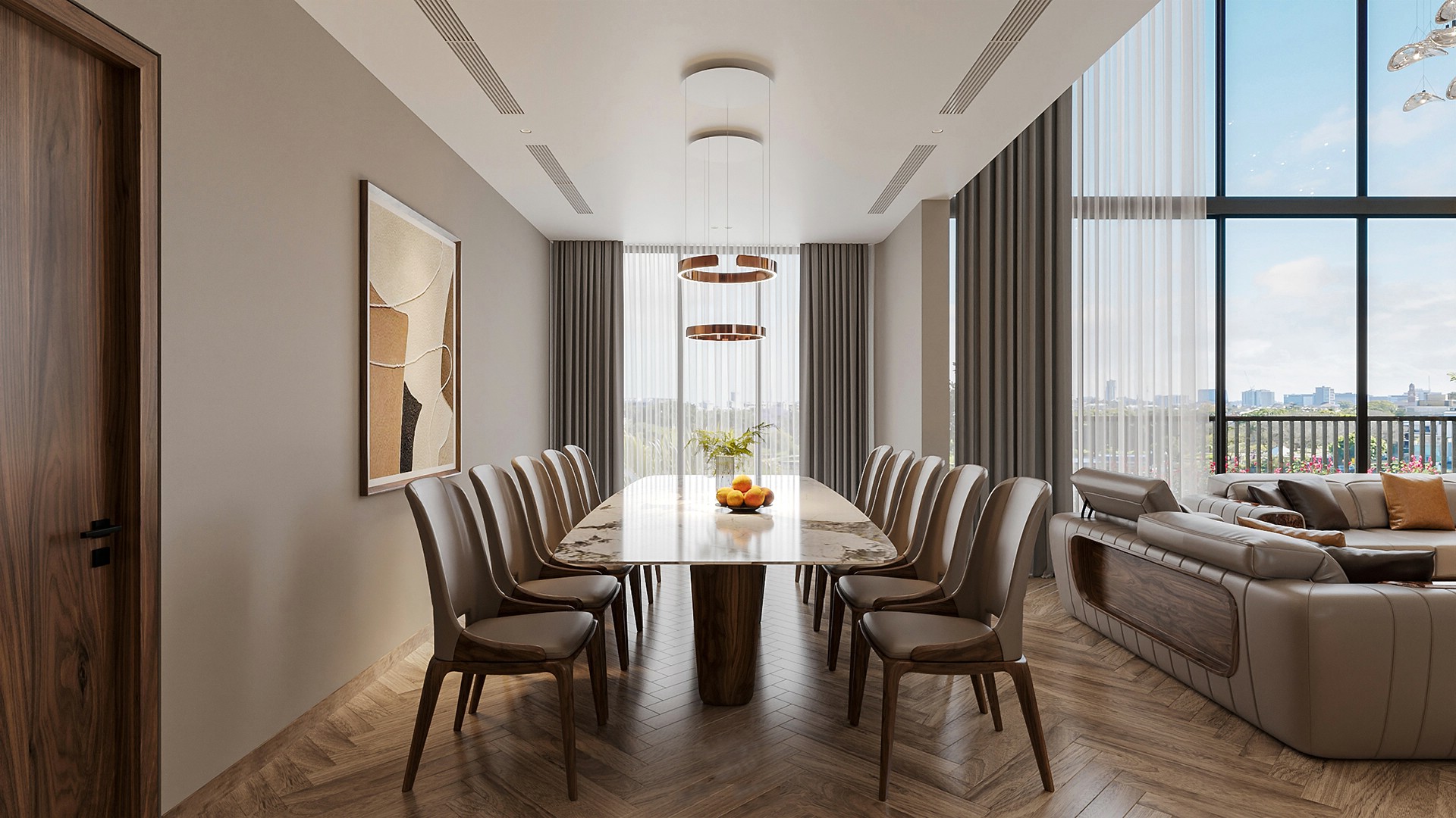 Bàn ăn gỗ óc chó chung cư cao cấp mặt đá marble chân gỗ tự nhiên