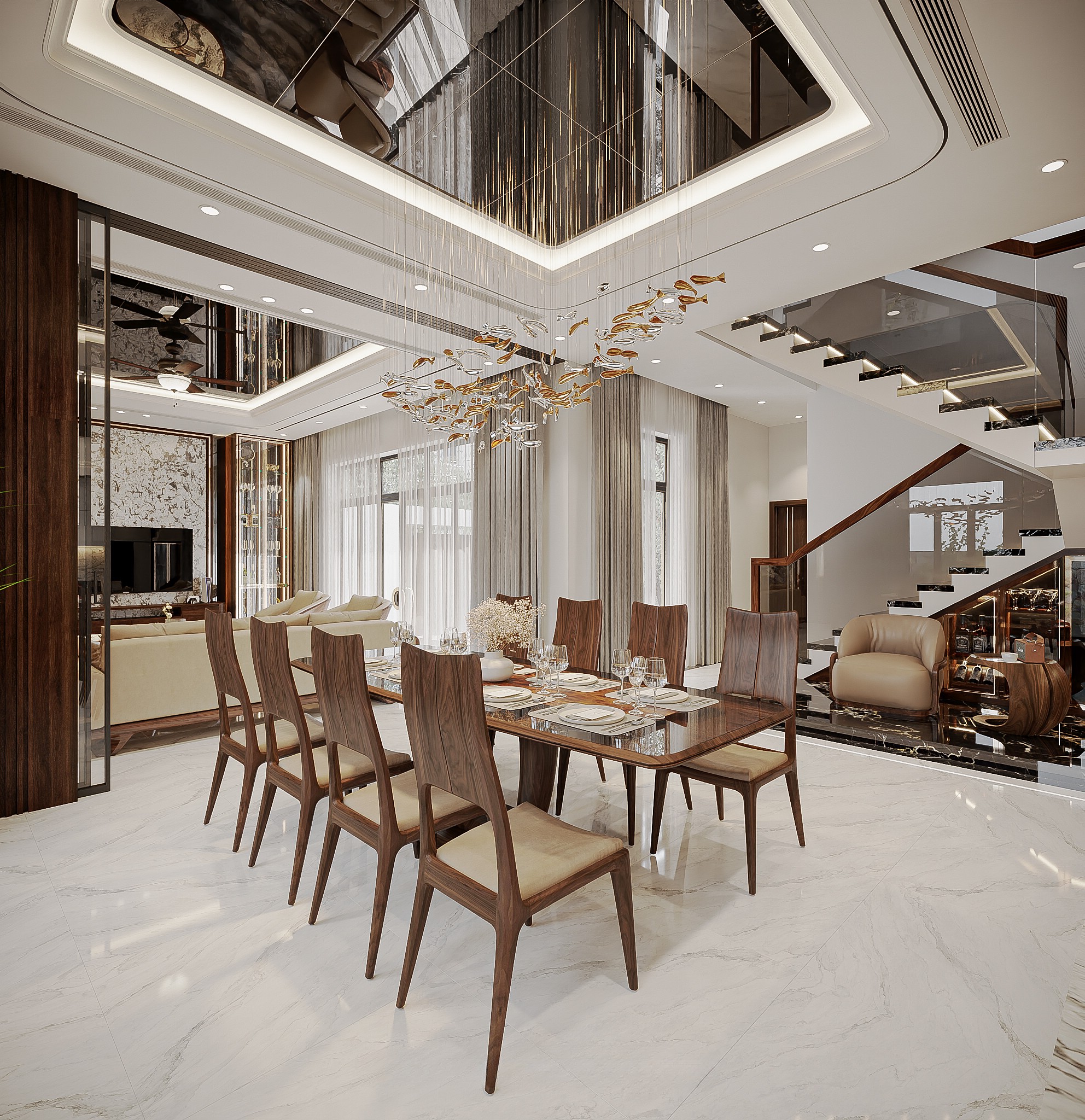 Bàn ăn gỗ óc chó đơn giản đẹp mặt kính chân gỗ nguyên khối