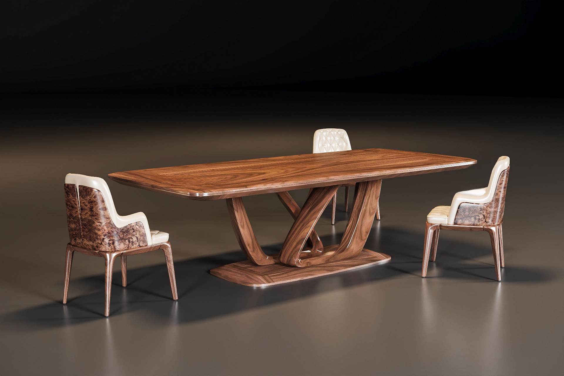 Bàn ăn gỗ óc chó hiện đại đẹp chân chữ X mặt bo cong