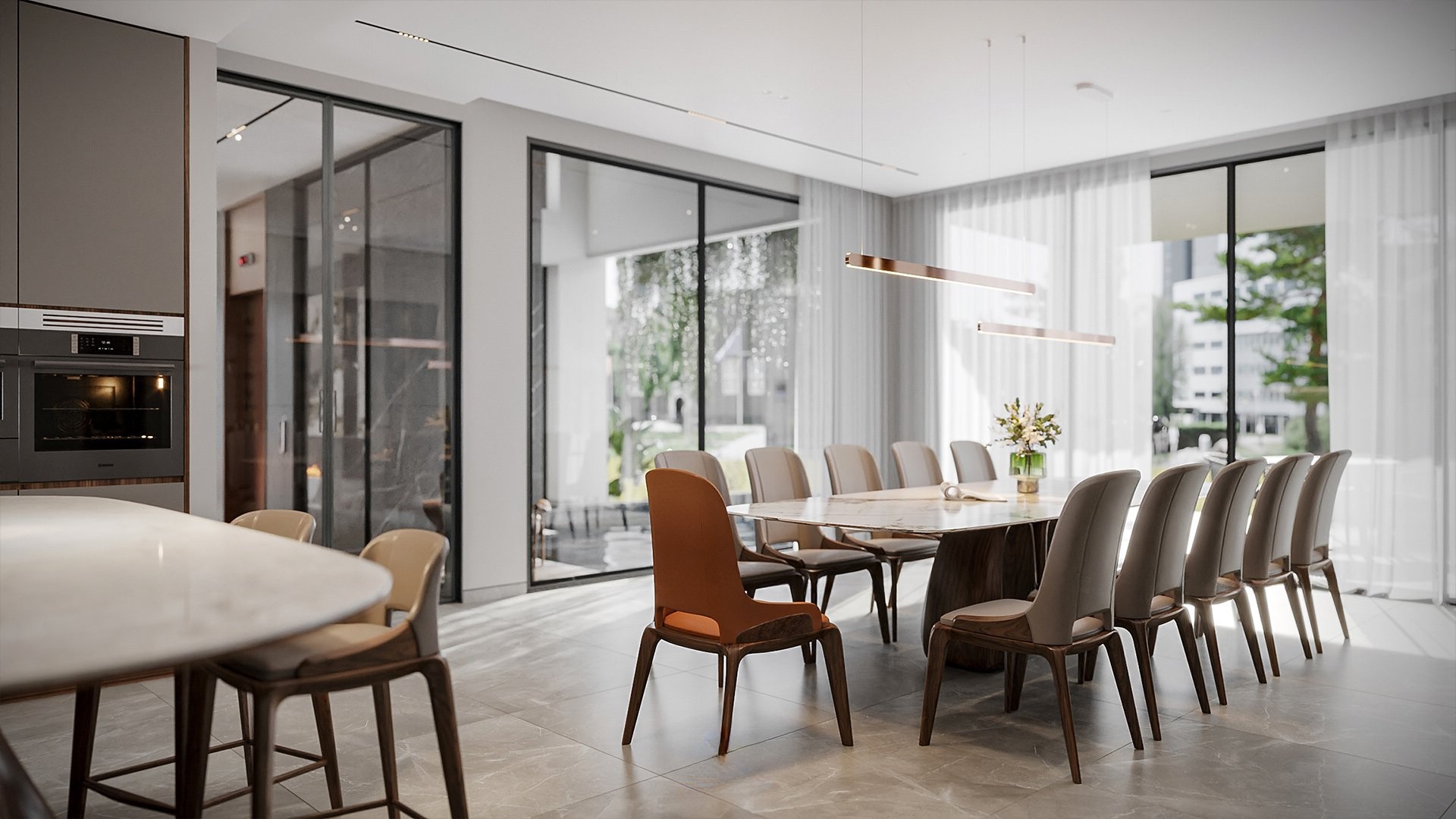 Bàn ăn gỗ óc chó hiện đại mặt đá ceramic chân gỗ tự nhiên