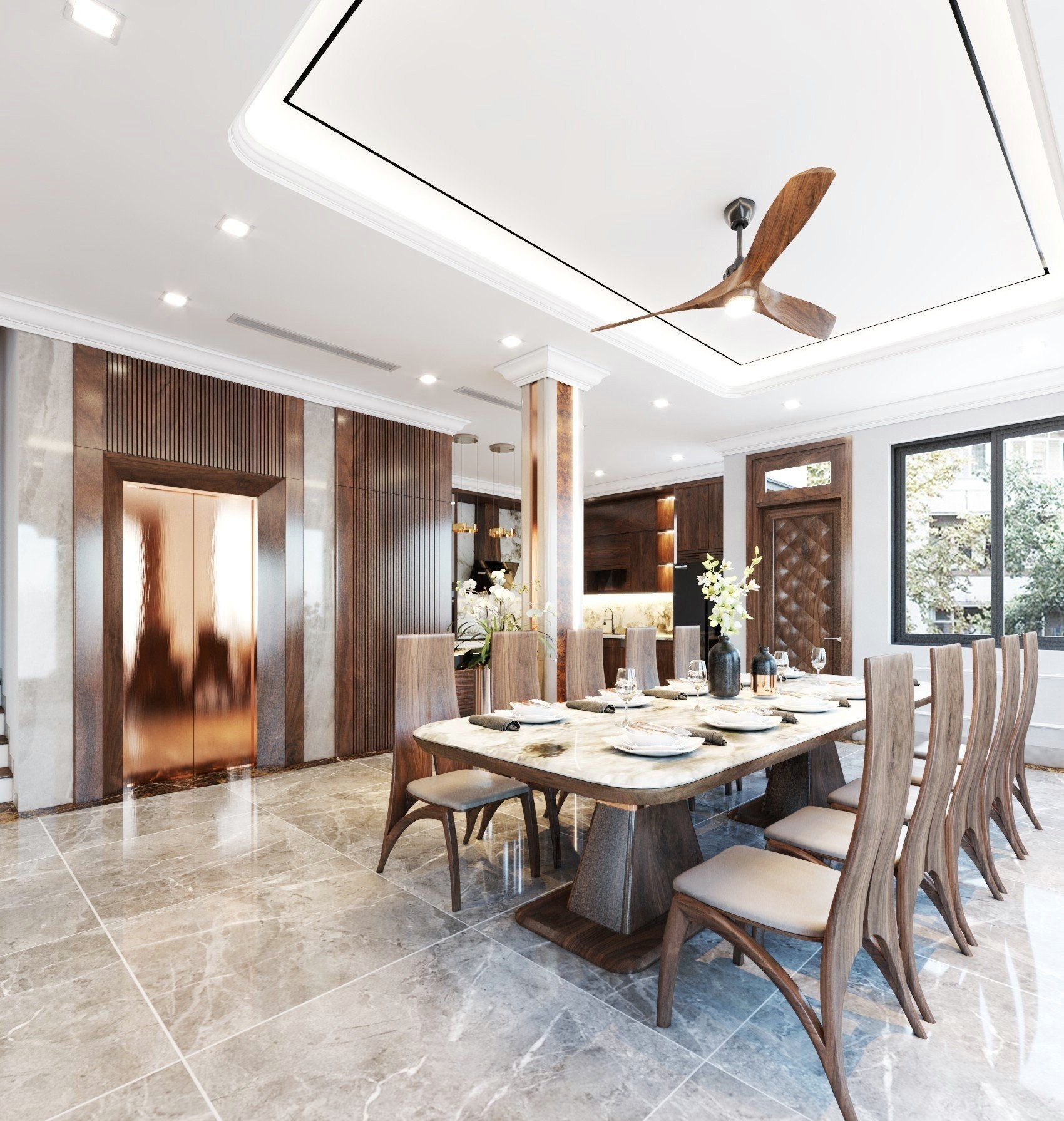 Bàn ăn gỗ óc chó mặt đá cao cấp marble trắng chân gỗ nguyên khối