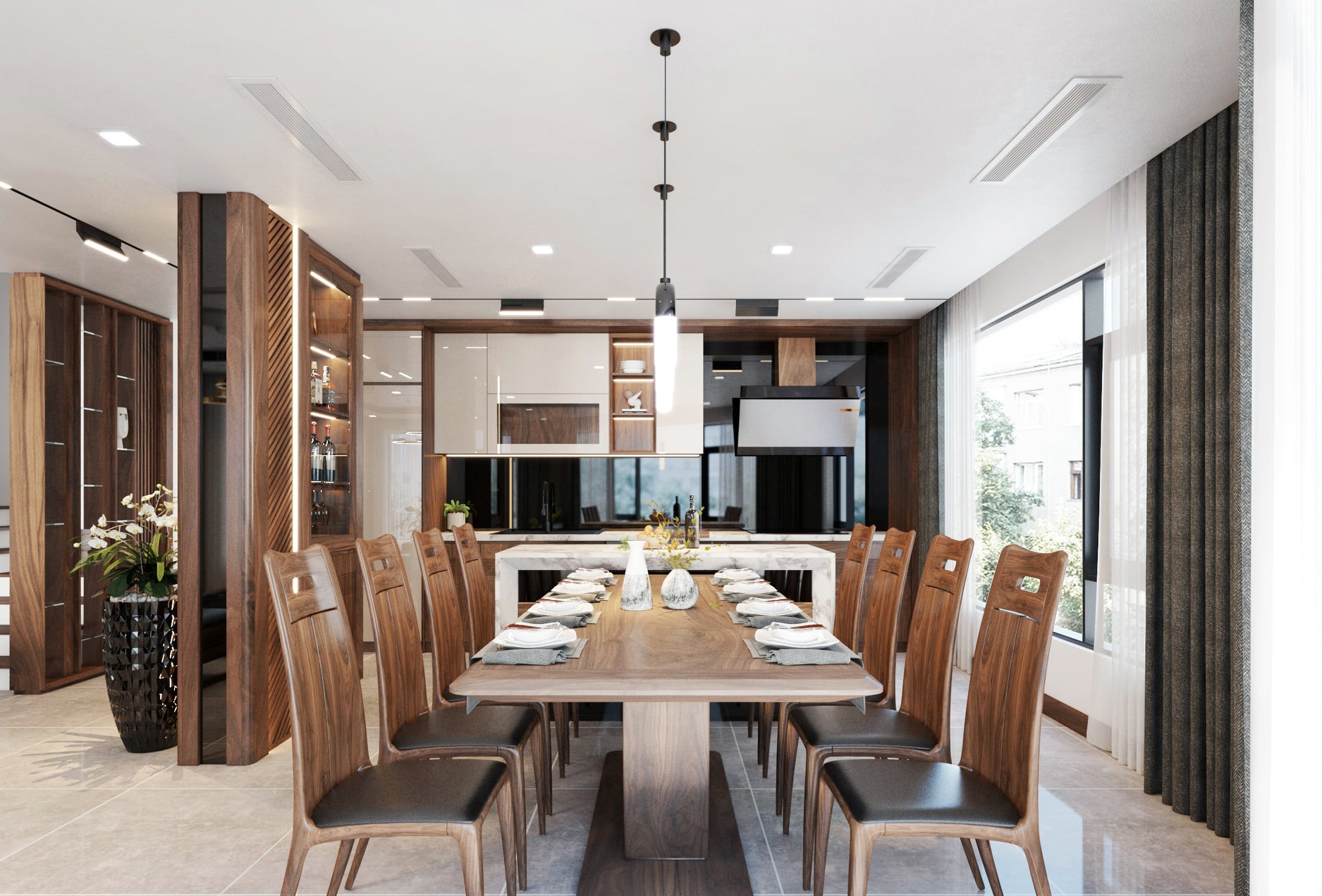 Bàn ăn gỗ óc chó phòng bếp chân chữ U ghế da đen