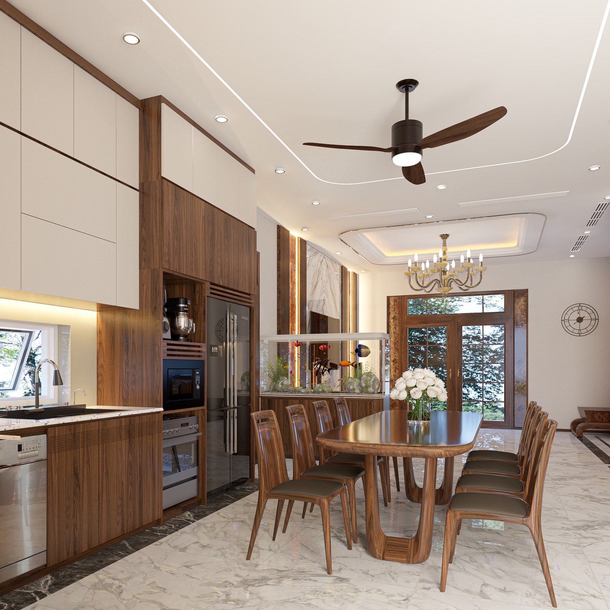 Bàn ăn gỗ óc chó trong bếp mặt kính chân chữ U