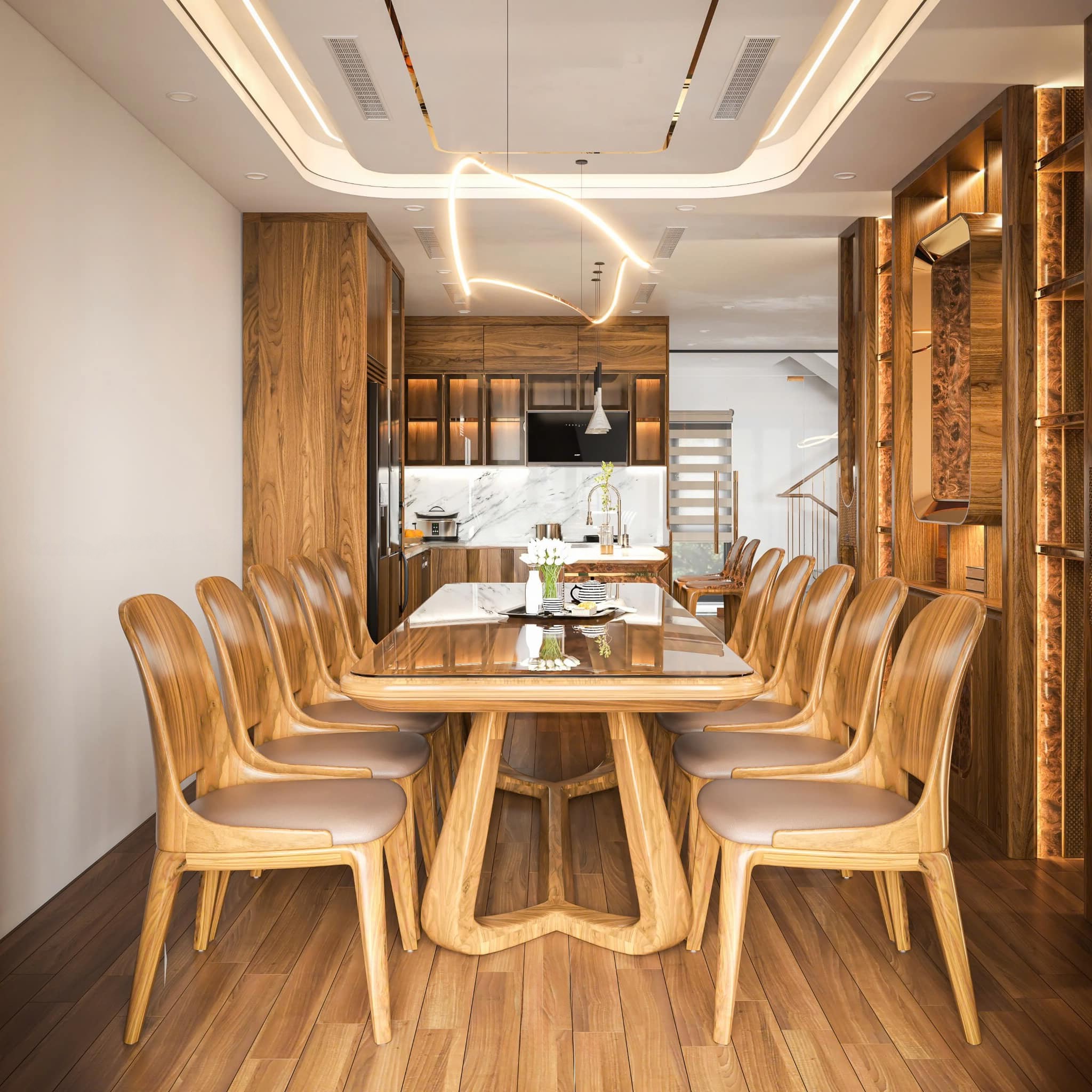 Bàn ăn gỗ óc chó tự nhiên hiện đại mặt kính chân chữ U