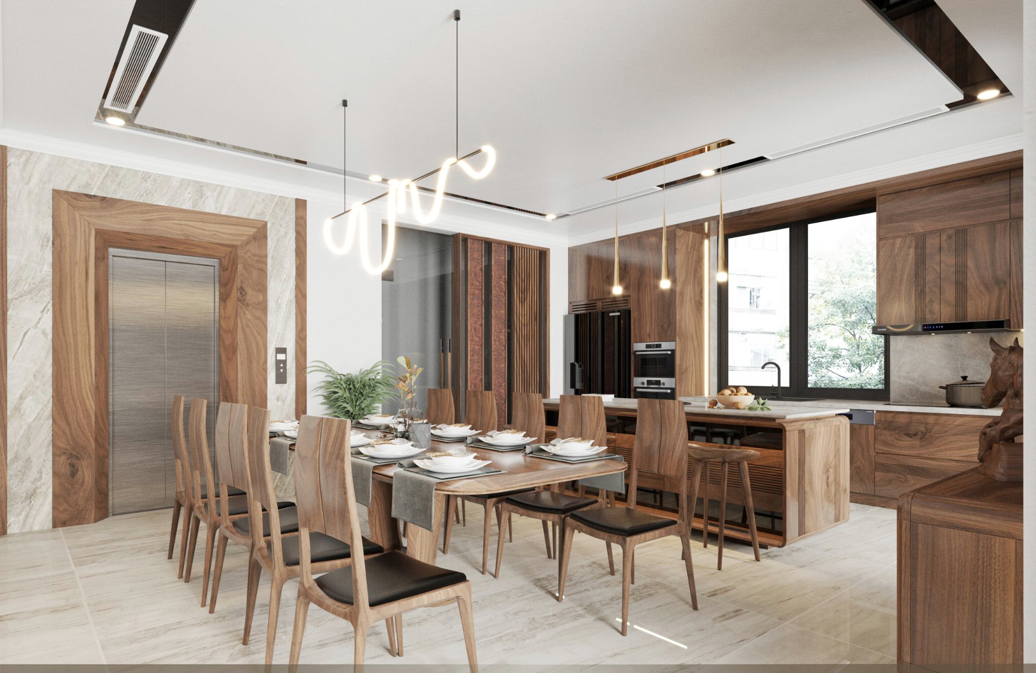 bàn ăn óc chó 10 ghế mặt chữ nhật bo góc chân chữ V