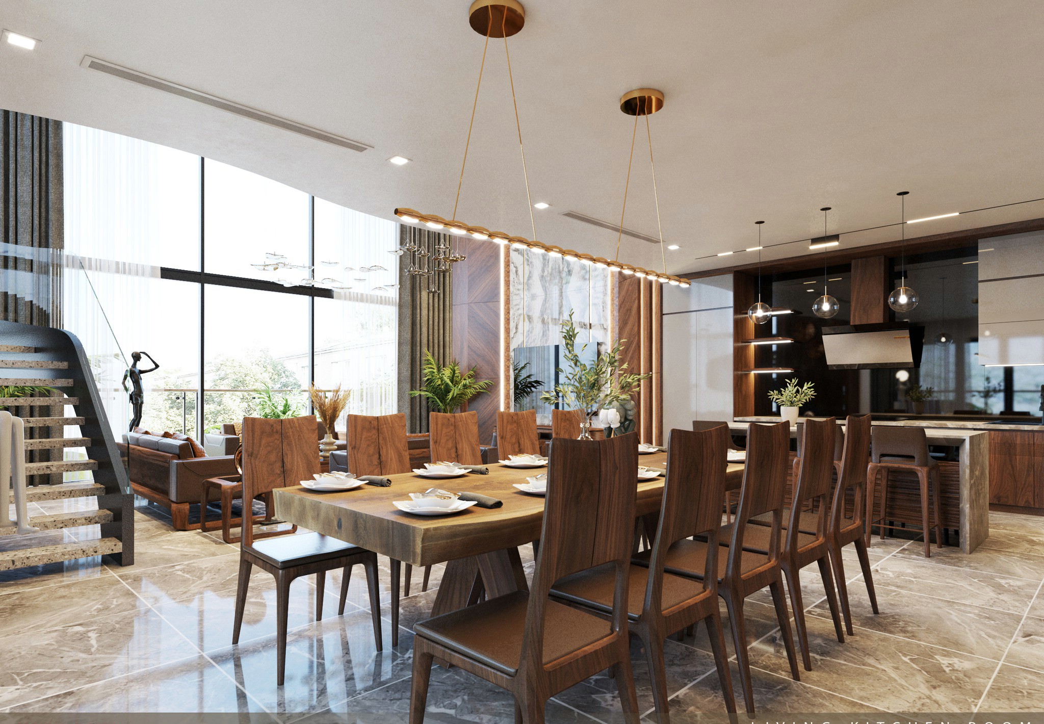 Bàn ăn phòng bếp gỗ óc chó đẹp mặt gỗ nguyên tấm chân chữ A