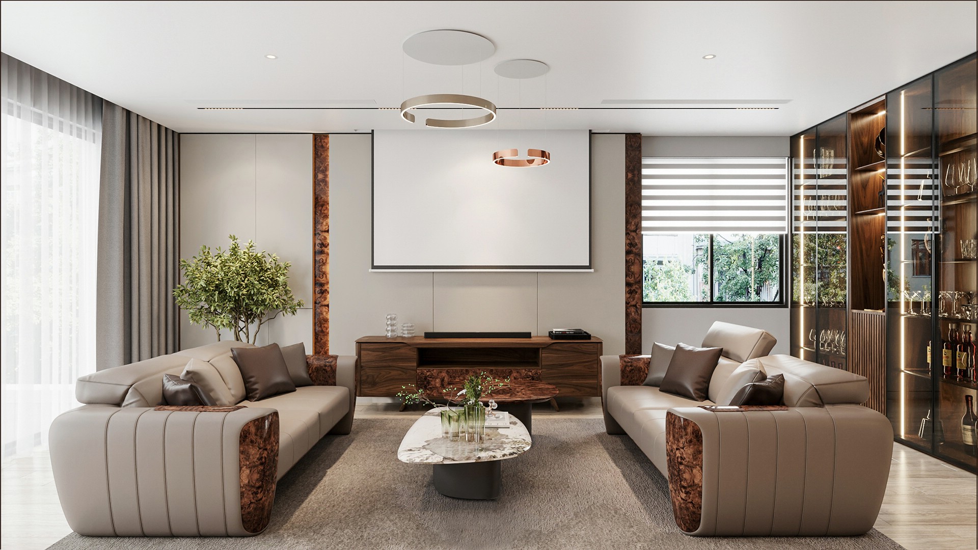 bộ bàn ghế gỗ óc chó sofa văng bọc da PU ghi xám