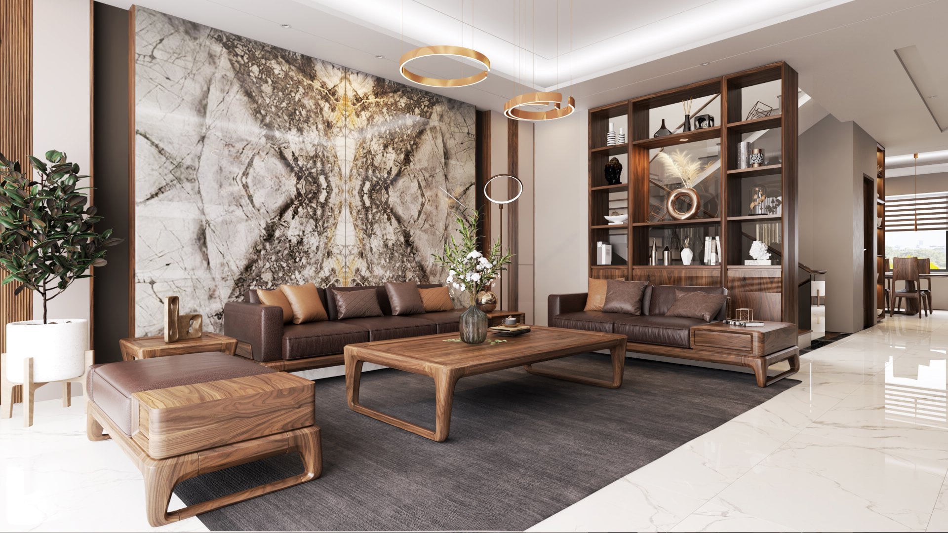 Bàn ghế gỗ óc chó phòng khách hiện đại với kiểu dáng thanh lịch, màu nâu trầm ấm và kết cấu bền vững.