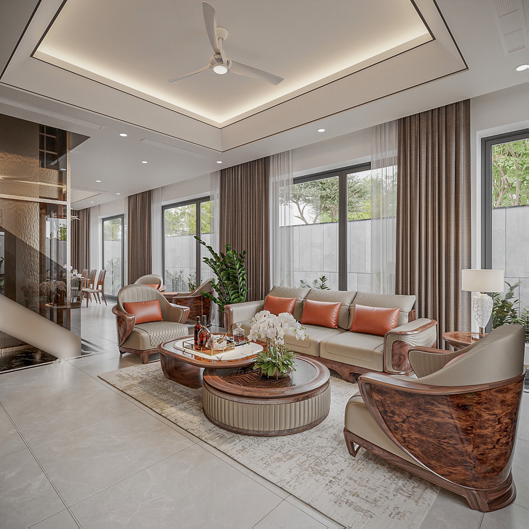 Bàn ghế gỗ óc chó sofa phòng khách bàn trà đôi mặt đá