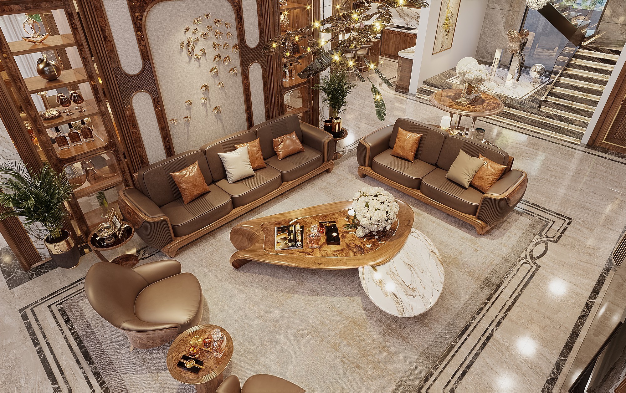 bàn ghế óc chó đẹp sofa da nâu bàn trà đôi veneer đá marble