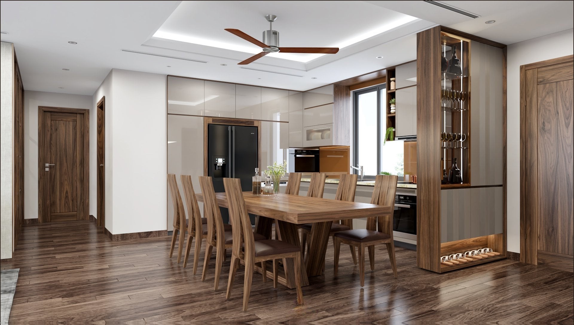 Bàn Ghế Phòng Ăn Gỗ Óc Chó với thiết kế hài hòa và tiện nghi.