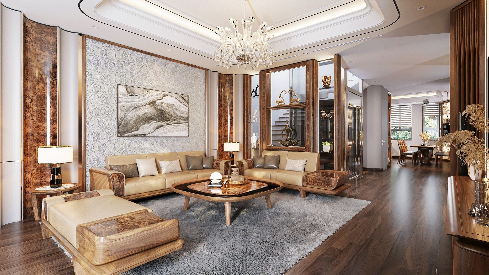 Bàn ghế phòng khách gỗ óc chó đẹp với vân gỗ tự nhiên sắc nét và kết cấu bền chắc theo thời gian.