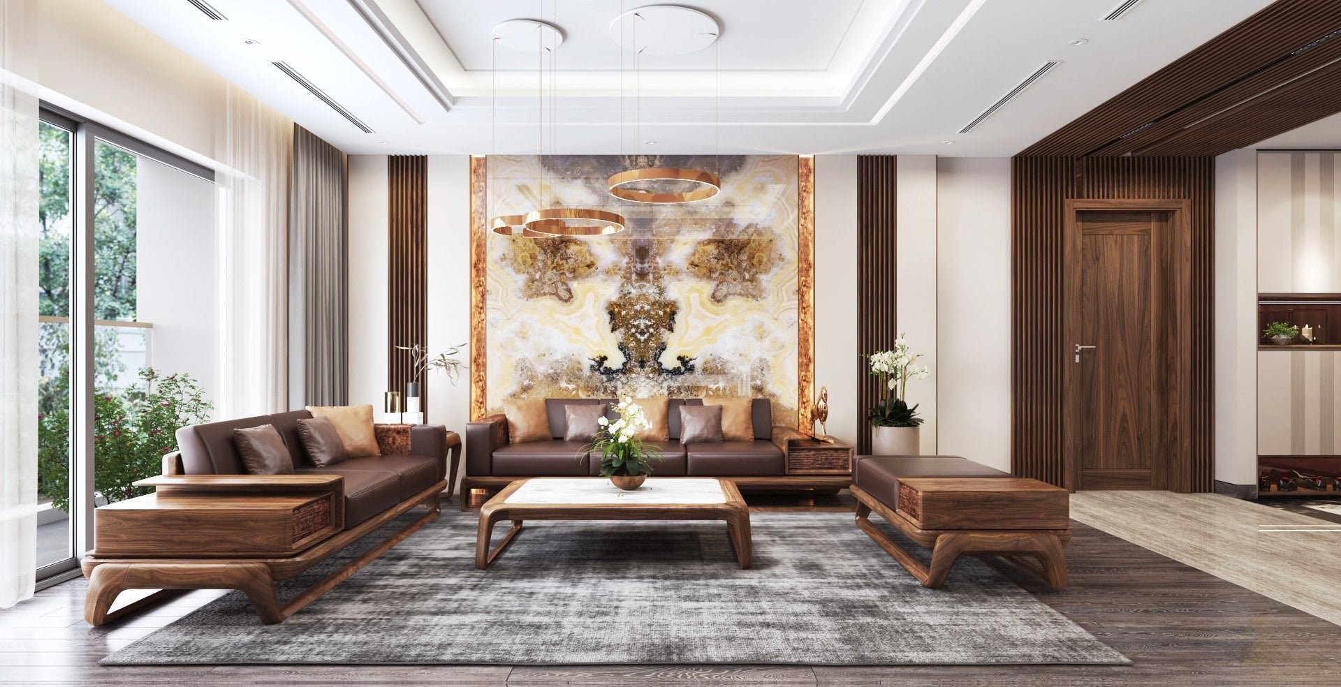 Bàn ghế phòng khách gỗ óc chó đơn giản hiện đại mang phong thái nhẹ nhàng nhưng vẫn chắc chắn.