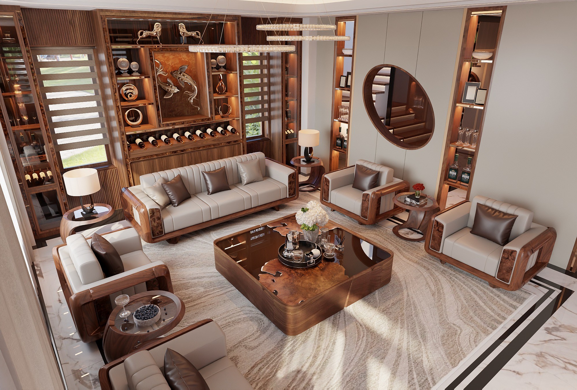 Bàn ghế phòng khách gỗ óc chó hiện đại mang phong cách thanh lịch và chắc chắn.