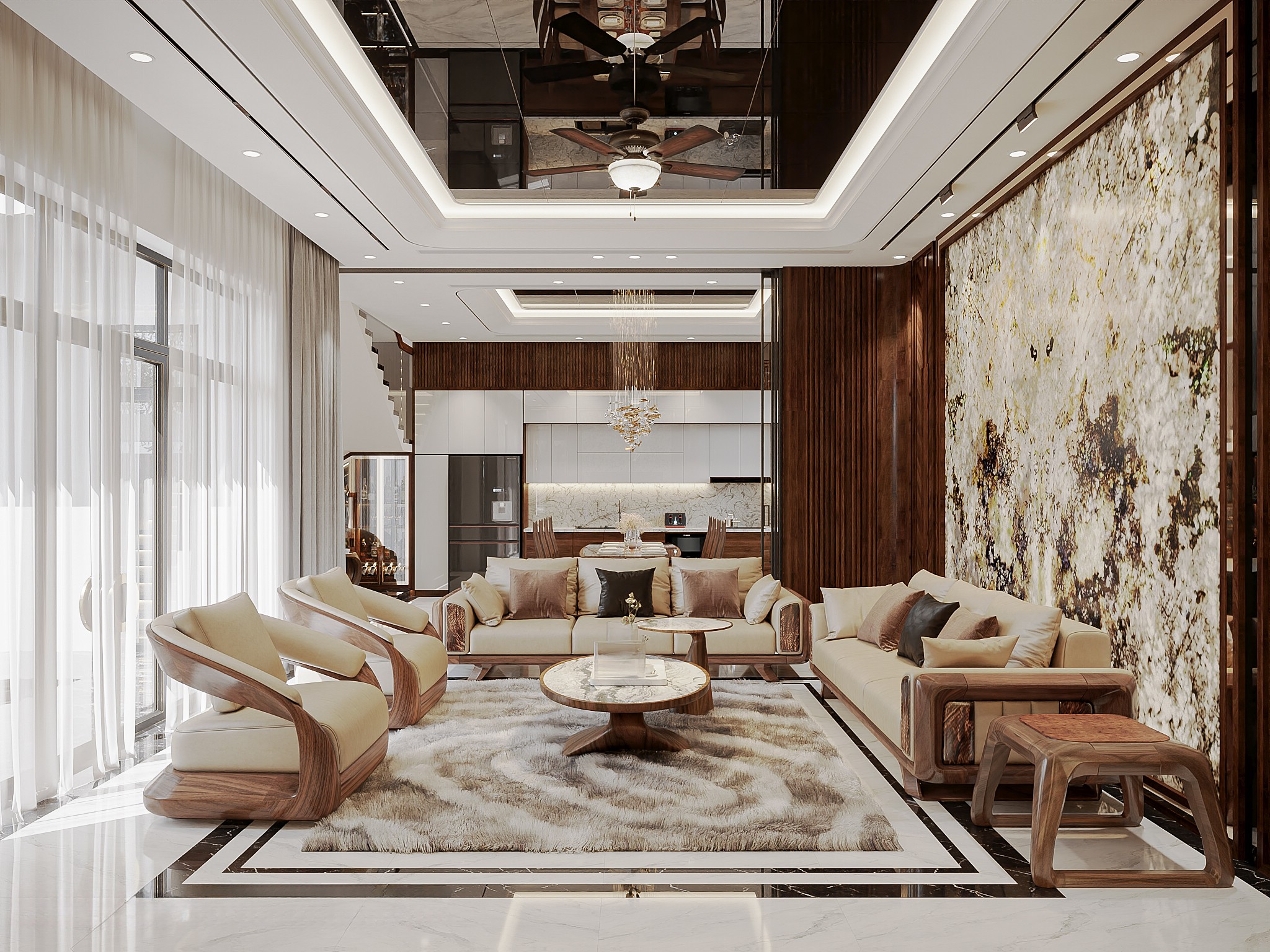 Bàn ghế phòng khách sofa gỗ óc chó với khung gỗ chắc chắn và đệm da cao cấp.