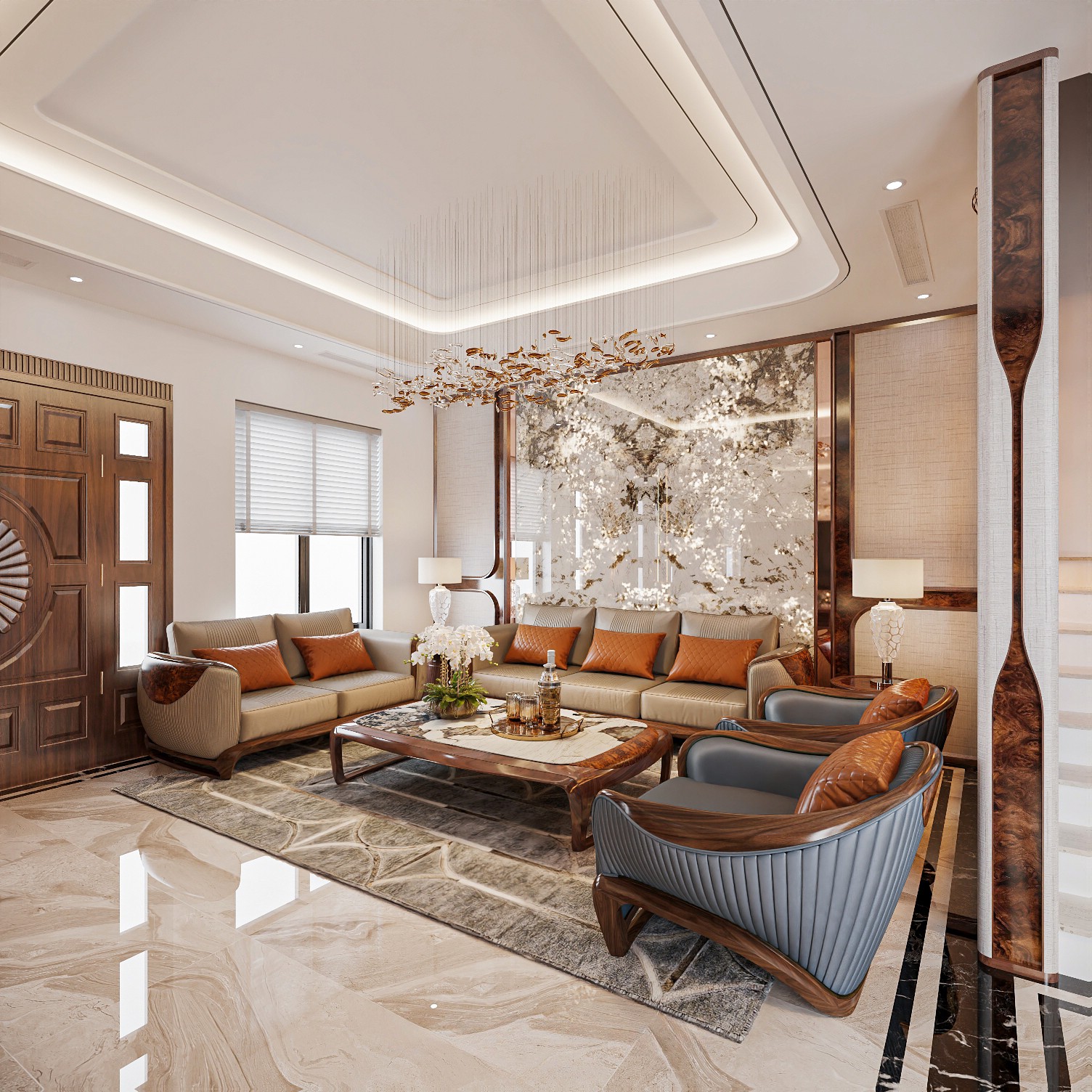 Bàn ghế sofa gỗ óc chó hiện đại với khung gỗ chắc chắn và đệm bọc sang trọng.