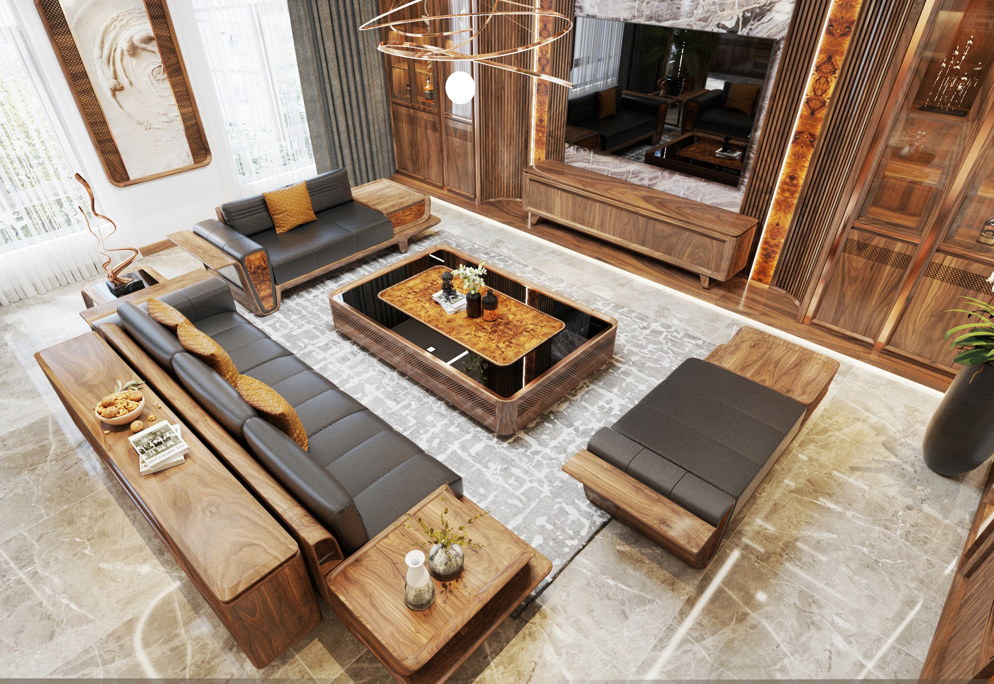 bàn ghế sofa gỗ óc chó chữ U mặt kính đen veneer vân nu