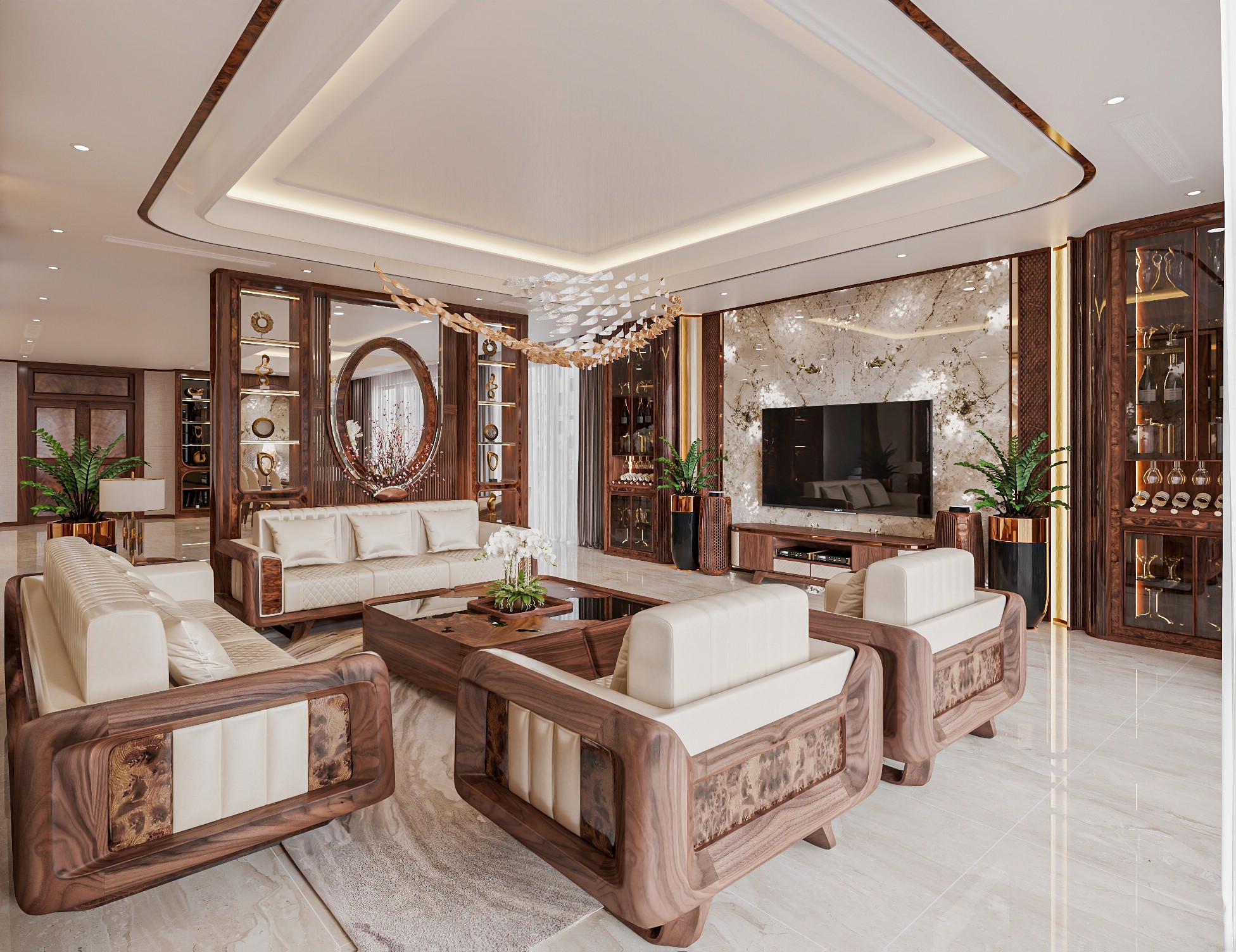 Bàn ghế sofa gỗ óc chó phòng khách hiện đại với đường nét tối giản, màu sắc tự nhiên và kết cấu bền chắc.