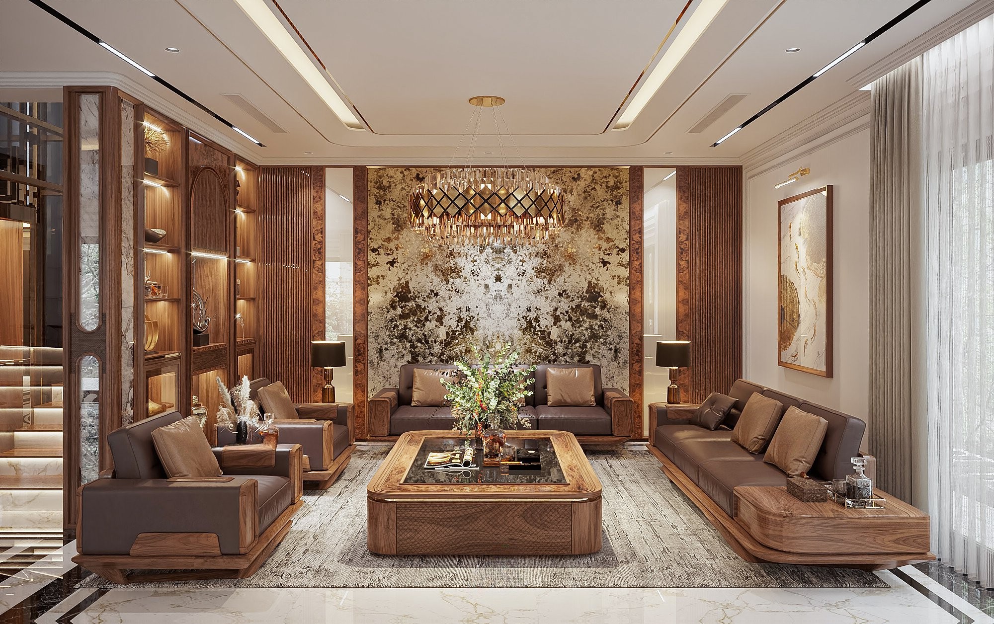 Bàn ghế sofa gỗ óc chó phòng khách với thiết kế sang trọng, khung gỗ tự nhiên chắc chắn và đệm bọc cao cấp êm ái.