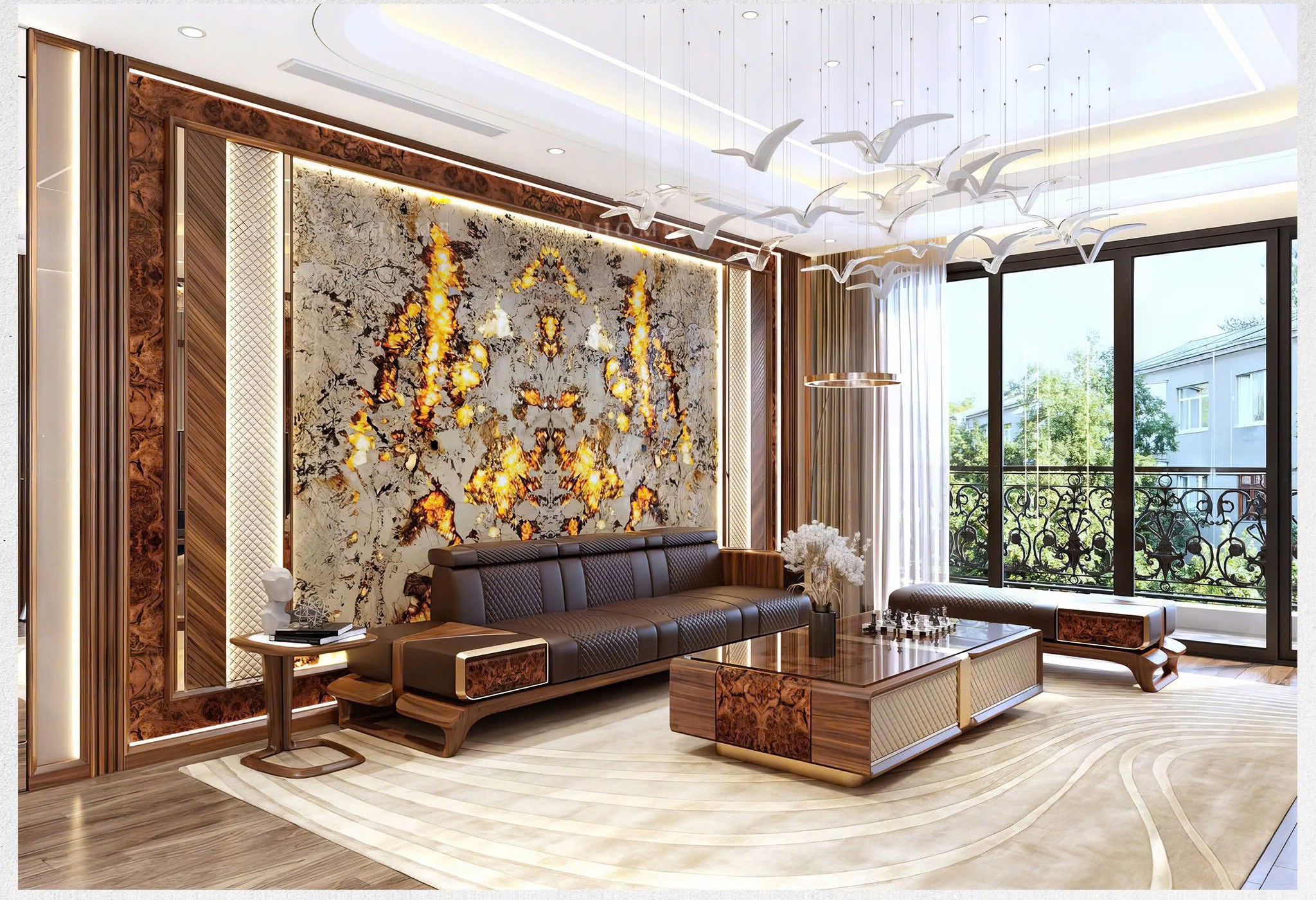 Bàn ghế sofa gỗ phòng khách nhỏ gỗ óc chó với thiết kế gọn gàng, tối ưu diện tích và màu sắc ấm áp.