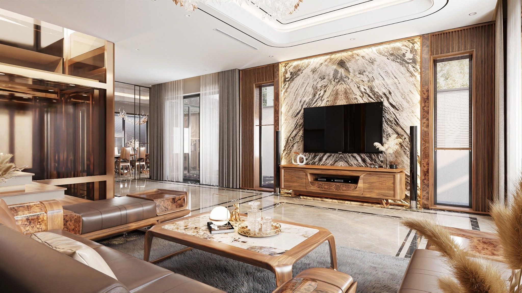 Bàn trà đá marble gỗ óc chó mặt đá trắng vân xám