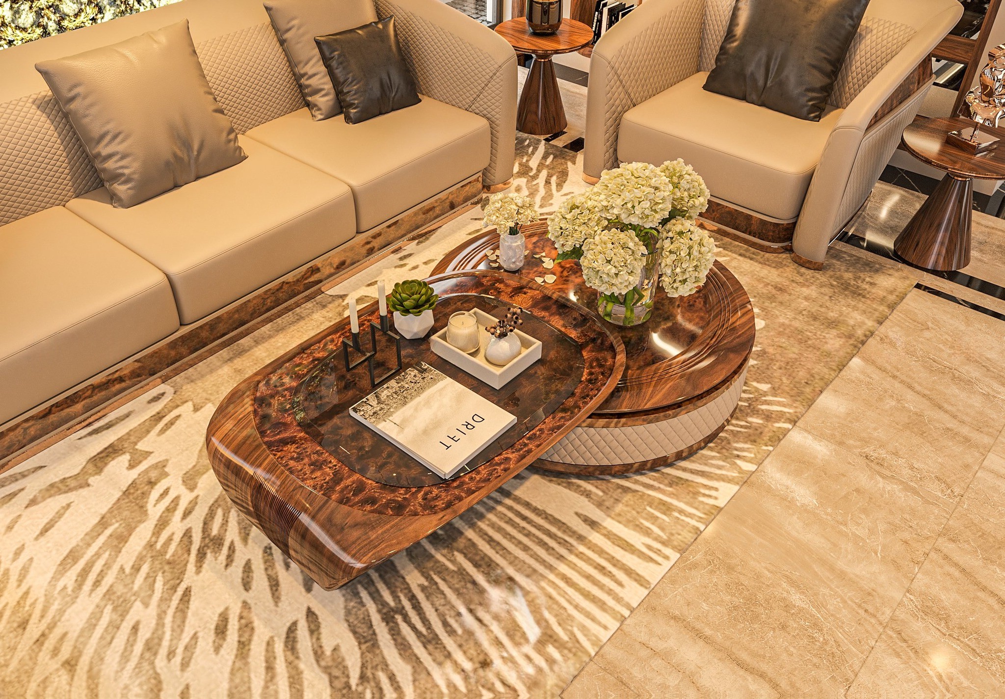 Bàn trà gỗ óc chó cao cấp thiết kế bàn đôi