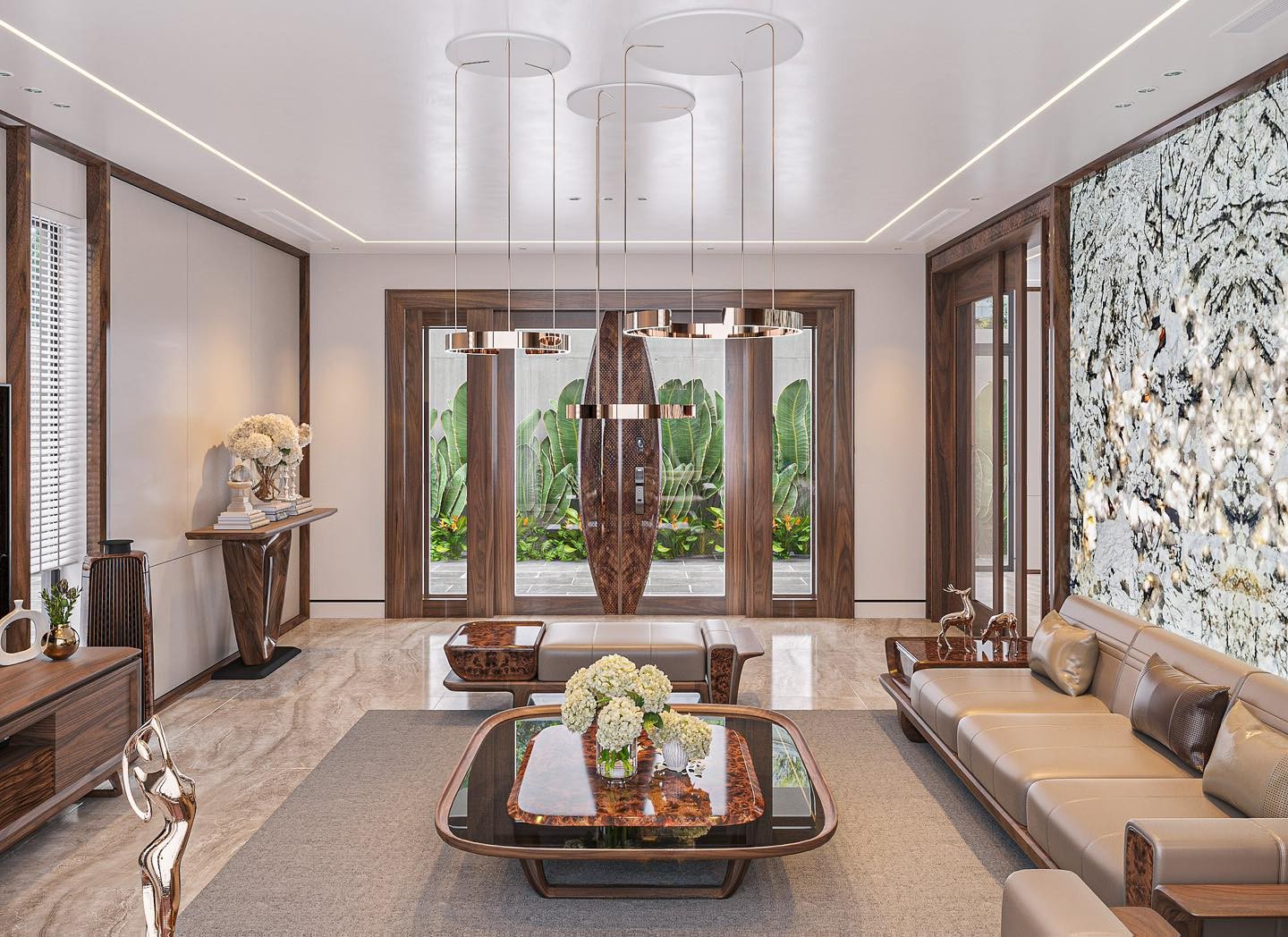 Bàn trà gỗ óc chó cho sofa chân chữ U mặt kính