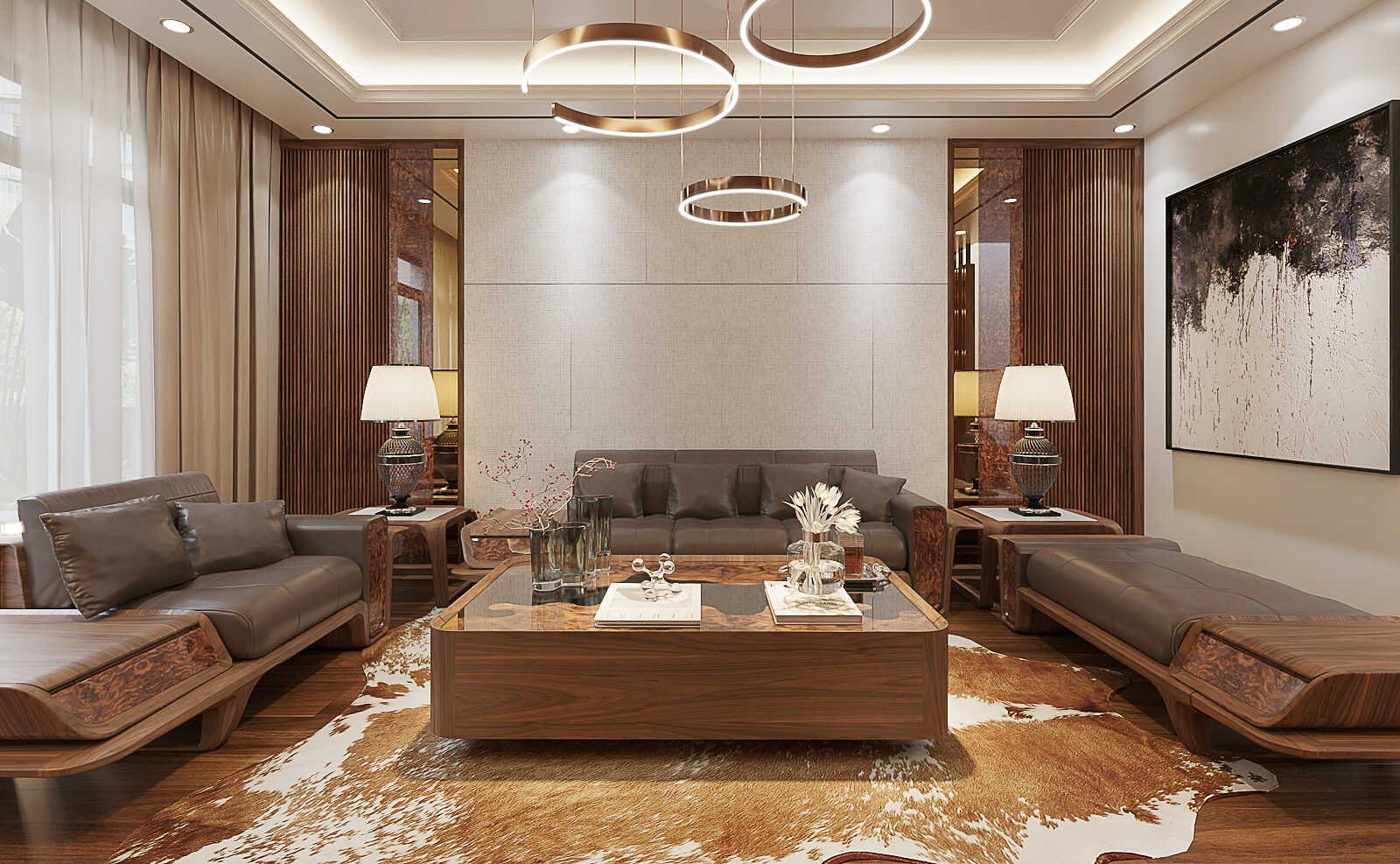 Bàn trà gỗ óc chó đá tự nhiên mặt đá vân gỗ