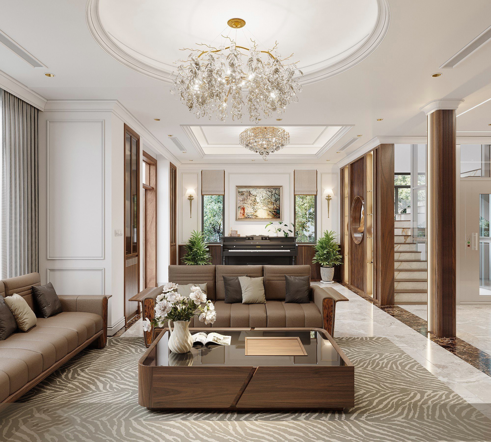 Bàn trà gỗ óc chó mặt đá chữ nhật thiết kế hiện đại