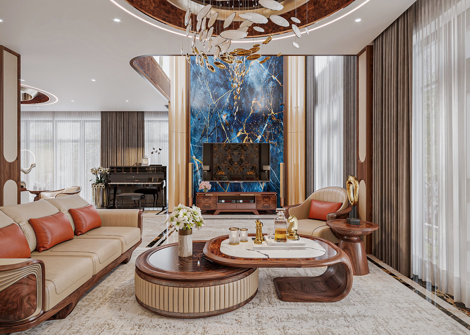 Bàn trà gỗ óc chó mặt đá đẹp thiết kế bàn đôi hiện đại