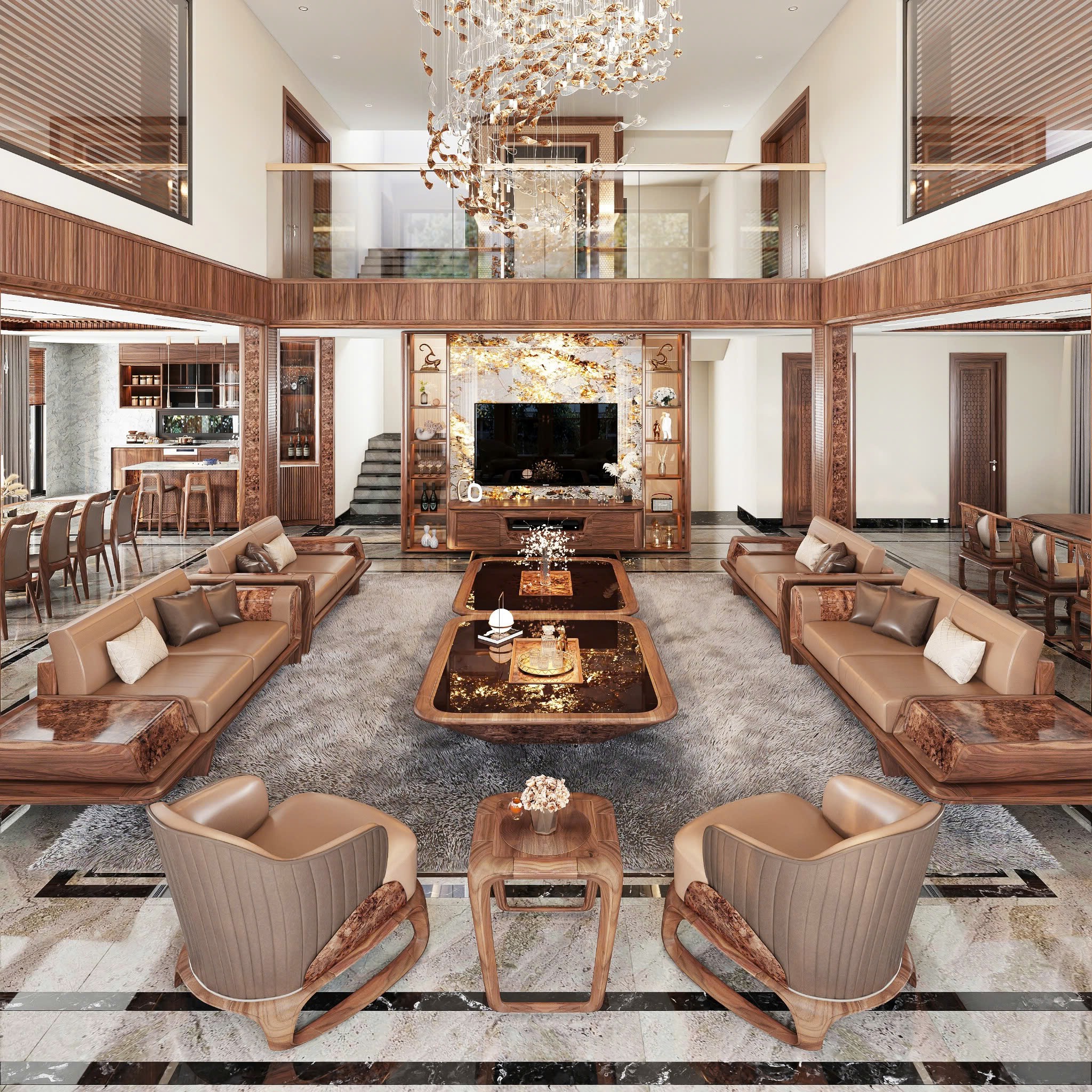 Bàn trà gỗ óc chó mặt đá hiện đại kiểu dáng kim tự tháp ngược