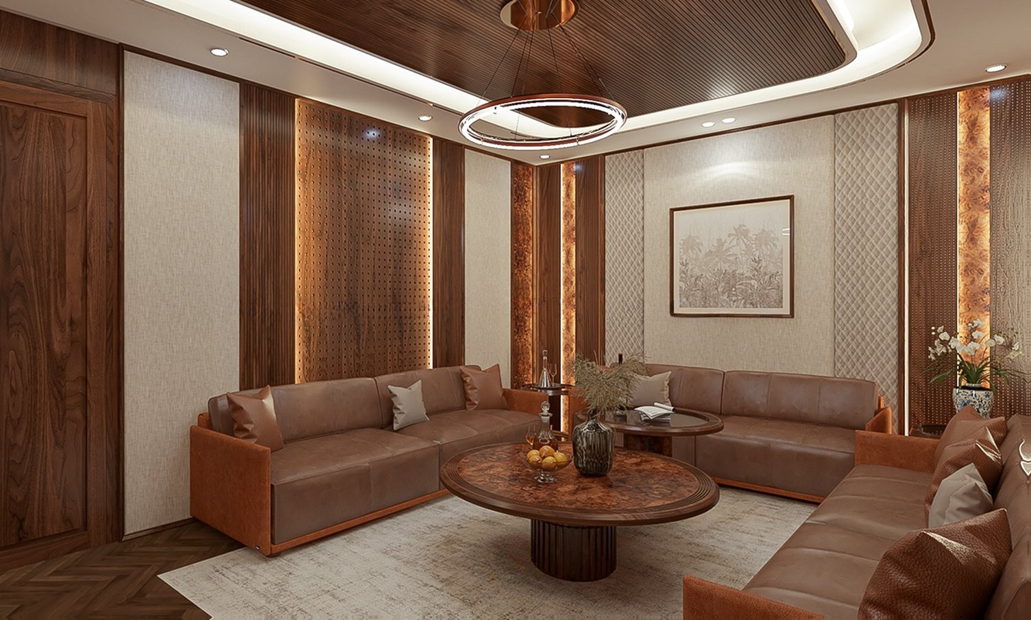 Bàn trà gỗ óc chó mặt tròn thiết kế bàn đôi