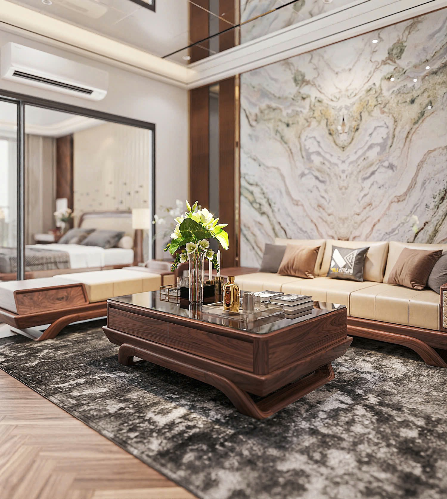 Bàn trà gỗ óc chó phòng khách mặt kính chân thuyền