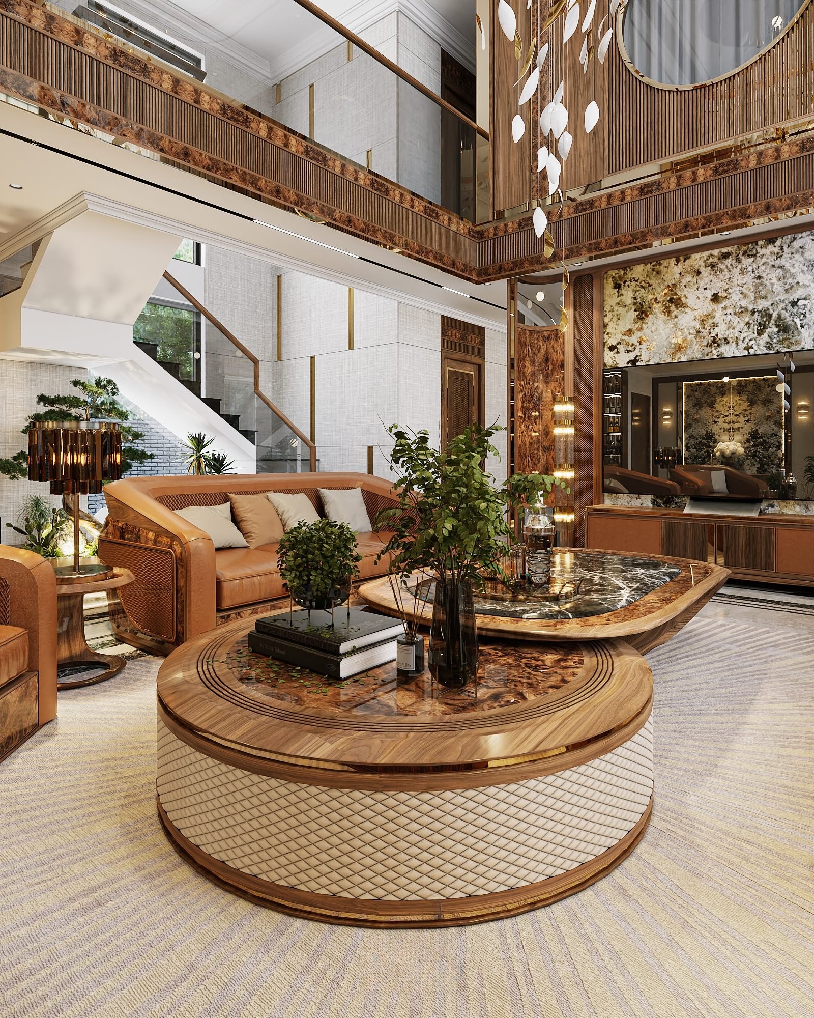 Bàn trà gỗ óc chó tròn thiết kế bàn đôi hiện đại