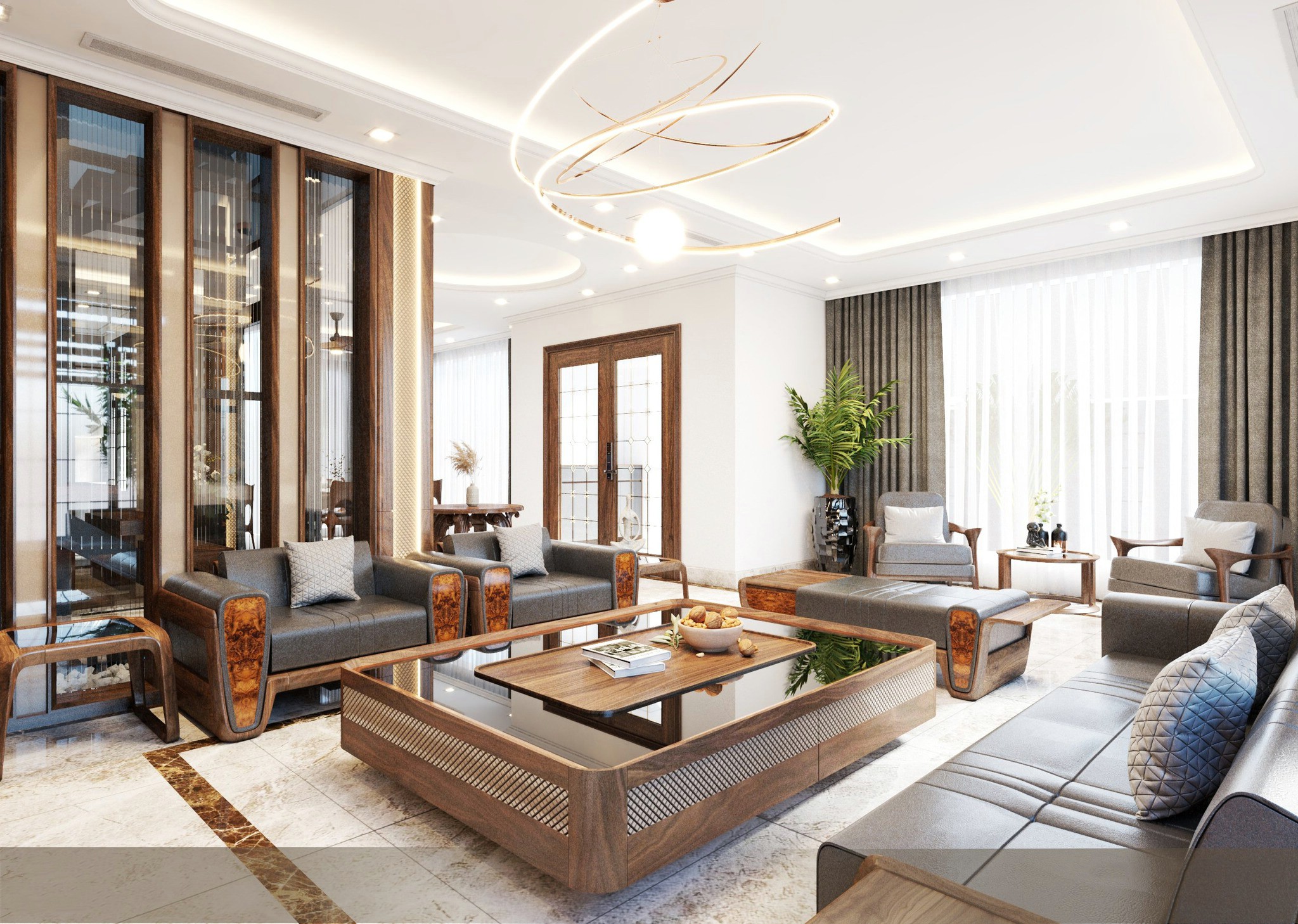 Bàn trà gỗ óc chó tự nhiên mặt đá ceramic đen