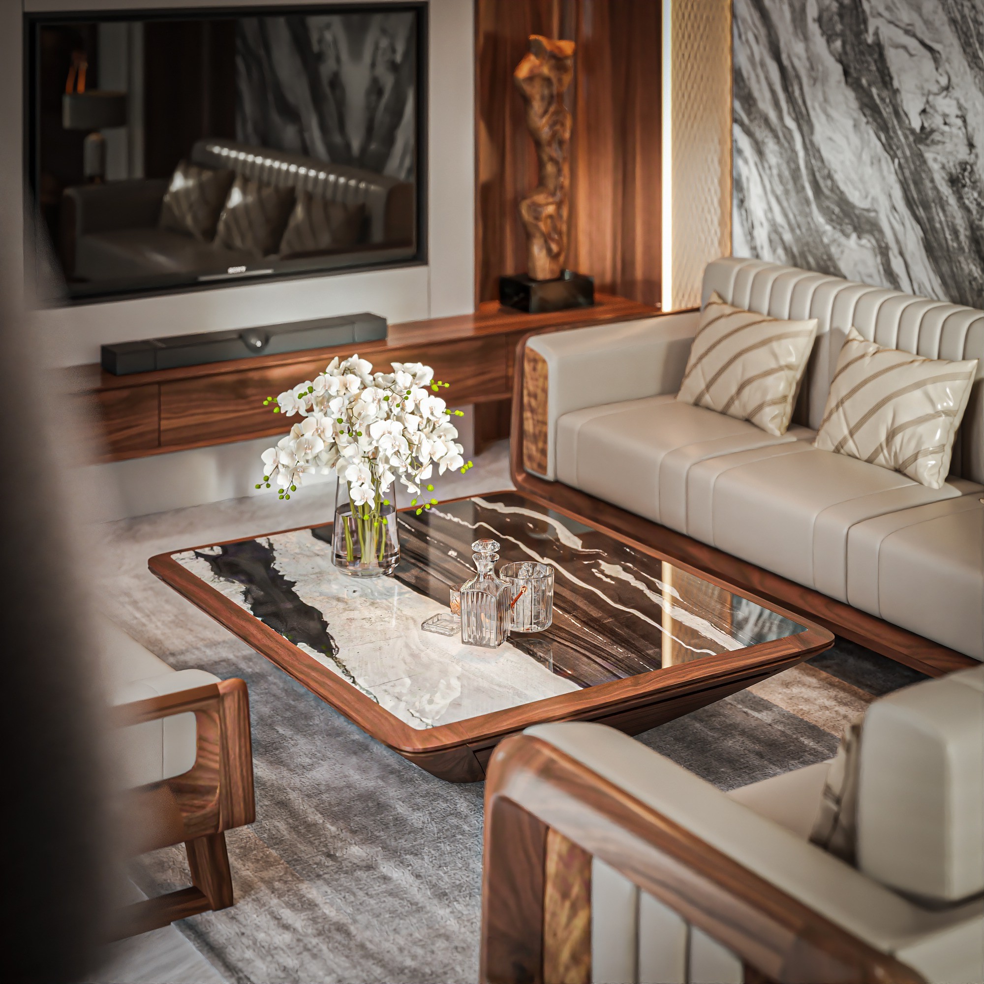 Bàn trà mặt đá gỗ óc chó cao cấp thiết kế kim tự tháp ngược